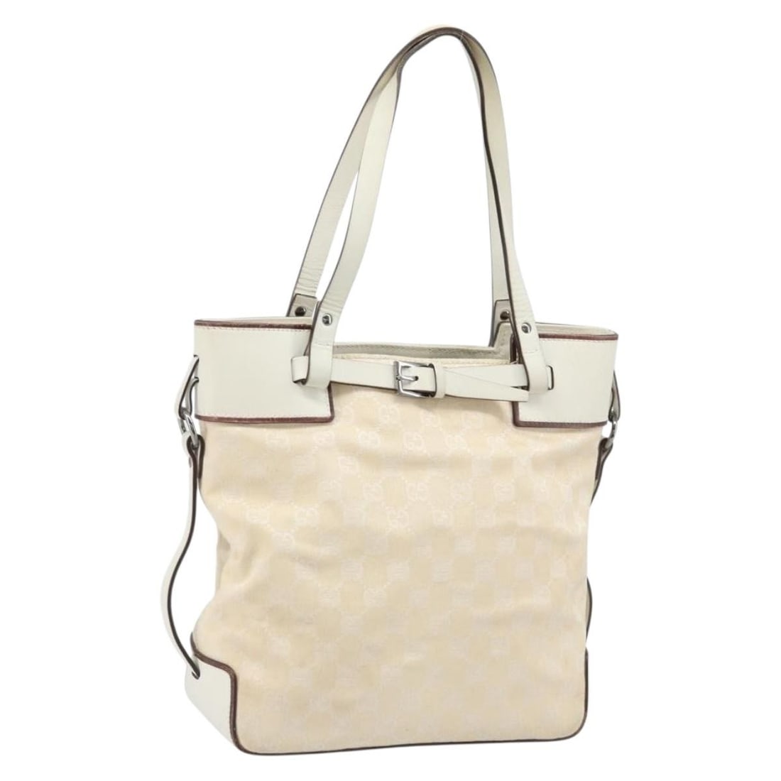 Ivory GG Canvas Gucci Handbag with Silver Accents Model 107757: Ivory GG Canvas Gucci Handbag with Silver Accents Model 107757 This is a GUCCI GG Canvas hand bag in ivory and silver, crafted for women. The bag features the signature GG canvas material and is desig