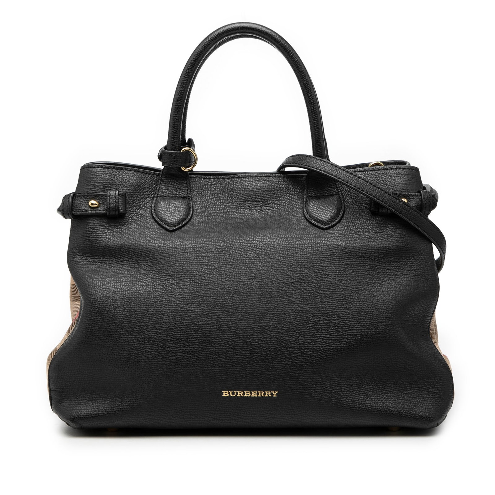 Burberry Banner Medium Black Leather Satchel with House Check Trim (1 of 7)