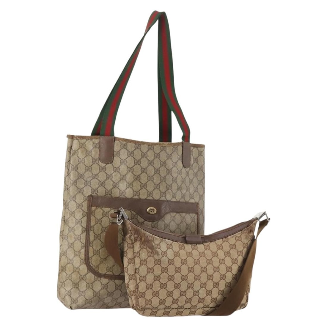 Gucci Beige GG Canvas Web Sherry Line PVC Tote Bag 2 Set: Gucci Beige GG Canvas Web Sherry Line PVC Tote Bag 2 Set This is a set of two GUCCI GG Supreme Web Sherry Line tote bags crafted from beige PVC leather and GG canvas. Made in Italy, these women's tote