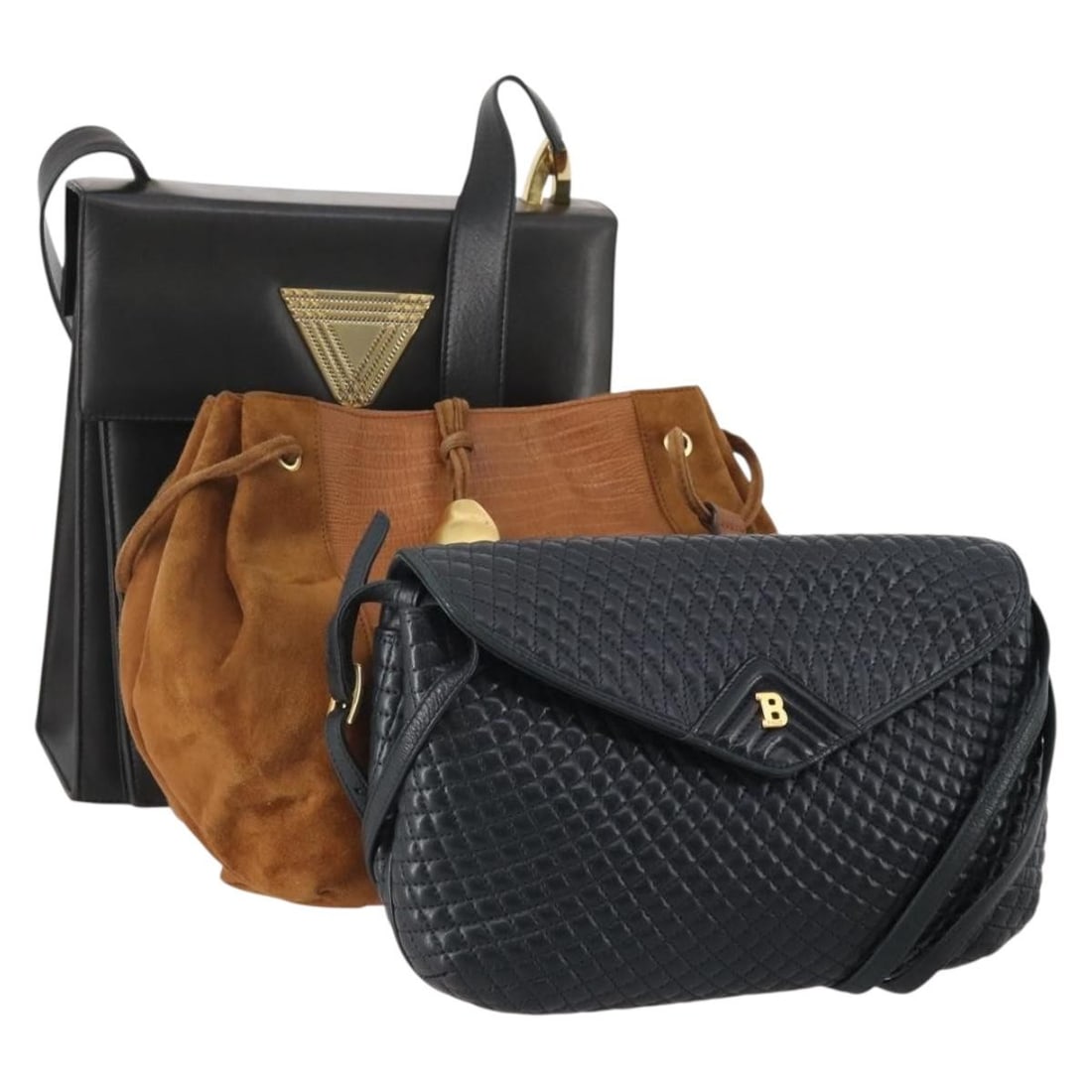 BALLY leather shoulder bag trio navy black brown: BALLY leather shoulder bag trio navy black brown This is a special set of three BALLY women's shoulder bags crafted from leather in navy, black, and brown. Each bag features a unique combination of co