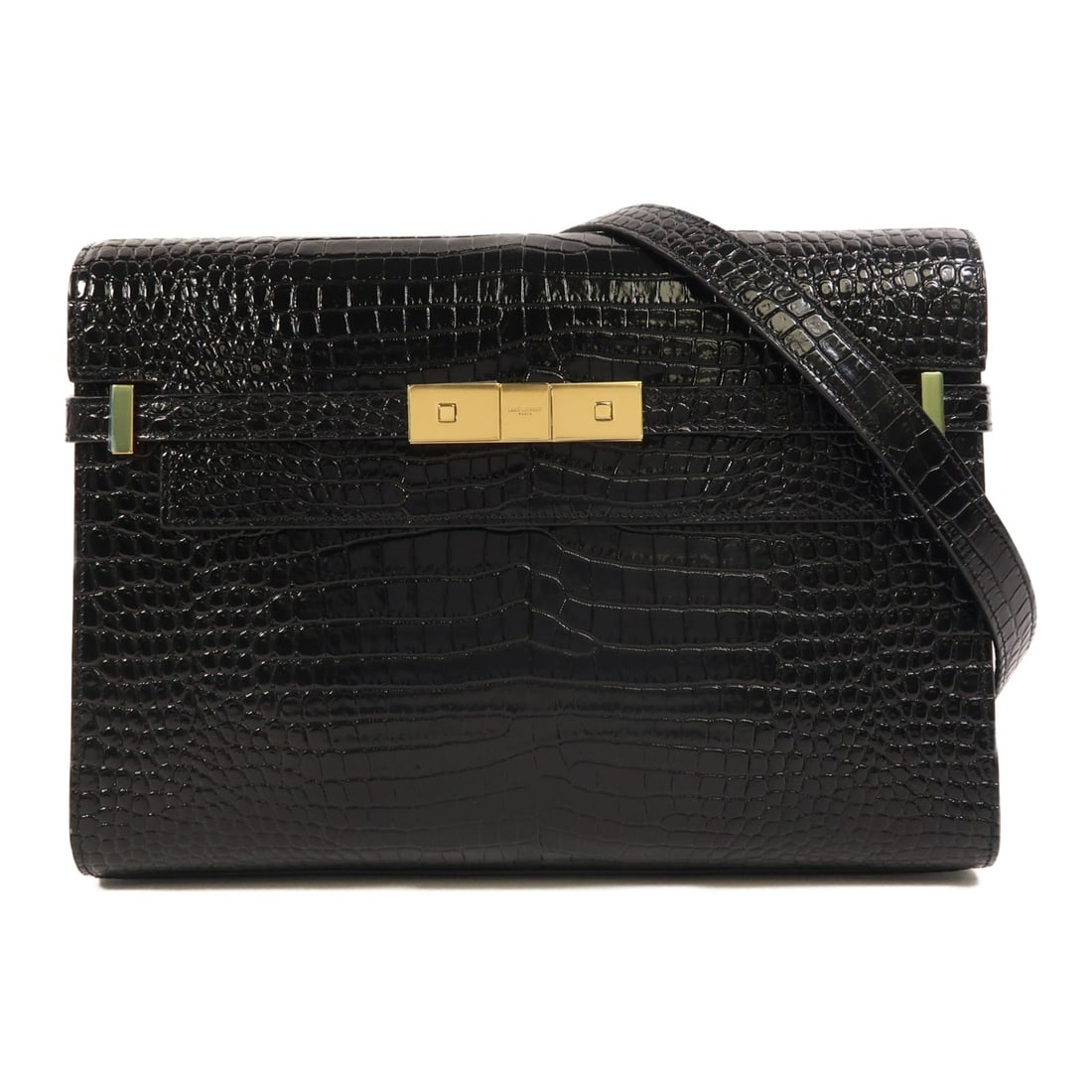 Black Calfskin Manhattan Shoulder Bag by Saint Laurent with Gold Hardware: Black Calfskin Manhattan Shoulder Bag by Saint Laurent with Gold Hardware This SAINT LAURENT Manhattan shoulder bag is crafted from black calfskin leather, featuring a sleek and structured silhouette.