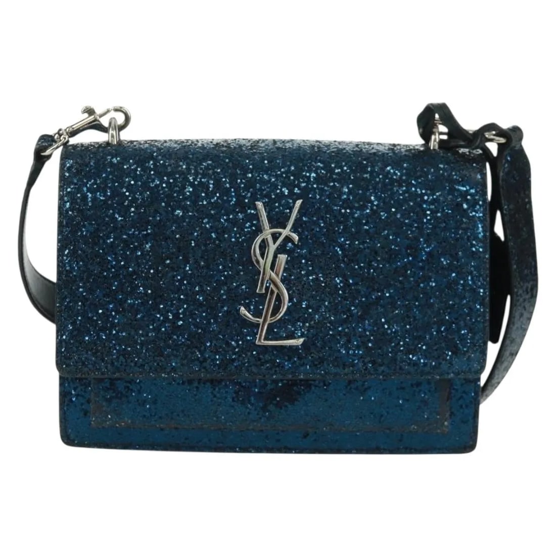 Blue Glitter Sunset Satchel Leather Bag by Saint Laurent: Blue Glitter Sunset Satchel Leather Bag by Saint Laurent This Saint Laurent Sunset Satchel features a striking blue glitter finish crafted from leather, designed for women. The bag exhibits rubbing on