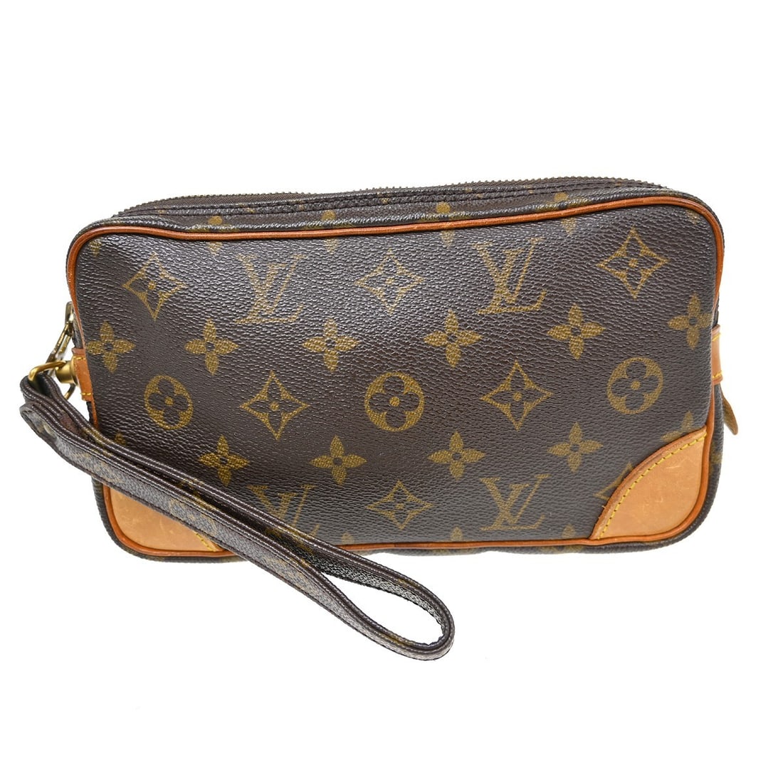 Louis Vuitton Marly Dragonne PM Monogram Clutch M51827: Louis Vuitton Marly Dragonne PM Monogram Clutch M51827 Vintage Louis Vuitton Marly Dragonne PM clutch bag in brown Monogram canvas with leather trim and a zip closure. This women's small clutch is mad