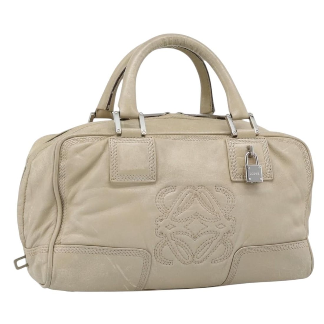 LOEWE leather beige silver handbag Spain repainted: LOEWE leather beige silver handbag Spain repainted This LOEWE Anagram hand bag is crafted from leather in a beige and silver color scheme. Designed for women, it features a compact silhouette with app