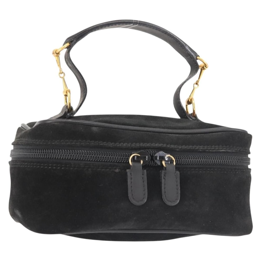 GUCCI Black Suede Vanity Pouch 032 1705 0141 Authentic: GUCCI Black Suede Vanity Pouch 032 1705 0141 Authentic This authentic GUCCI Vanity Pouch showcases a luxurious black suede exterior with striking gold accents. Crafted in Italy, this stylish pouch is 