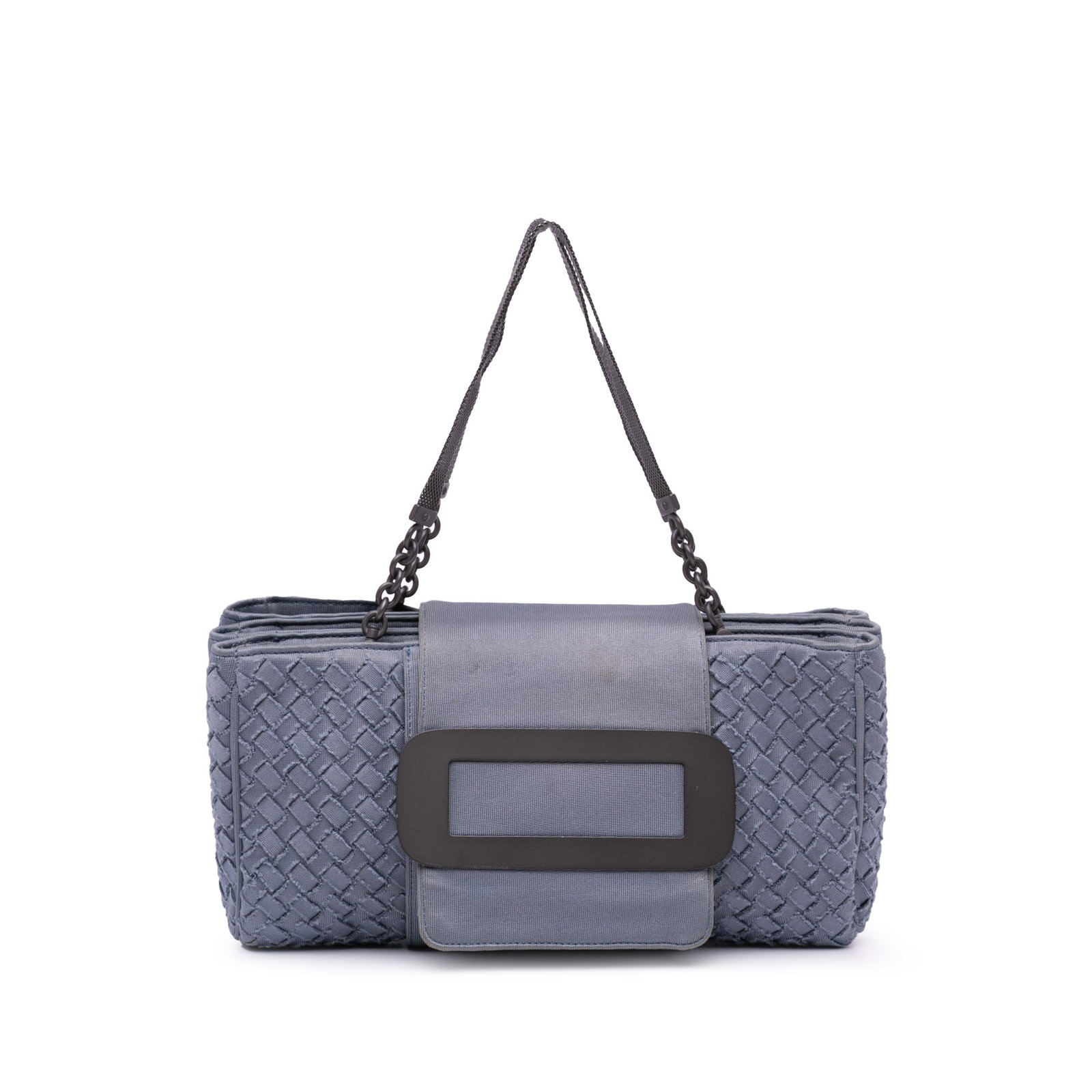 Bottega Veneta Blue Canvas Intrecciato Buckle Flap Handbag: Bottega Veneta Blue Canvas Intrecciato Buckle Flap Handbag This Bottega Veneta handbag showcases a stylish woven canvas body in an elegant blue hue. It features sturdy chain link straps and a top stra