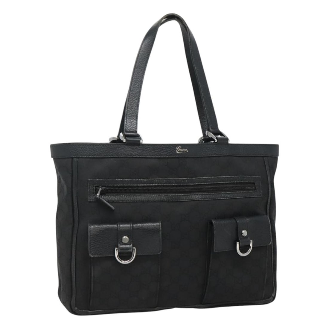 Gucci Black Nylon GG Canvas Tote Handbag Silver Tone 268639 Italy: Gucci Black Nylon GG Canvas Tote Handbag Silver Tone 268639 Italy This GUCCI GG Canvas tote bag features a stylish black and silver design crafted from durable nylon and GG canvas. Designed for women,