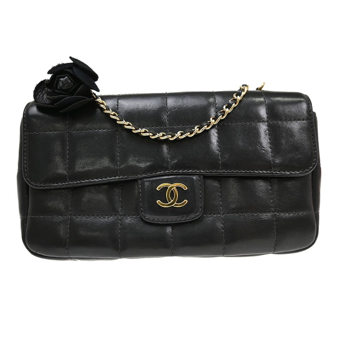 CHANEL Choco Bar Camellia Small Black Lambskin Shoulder Bag (1 of 9)