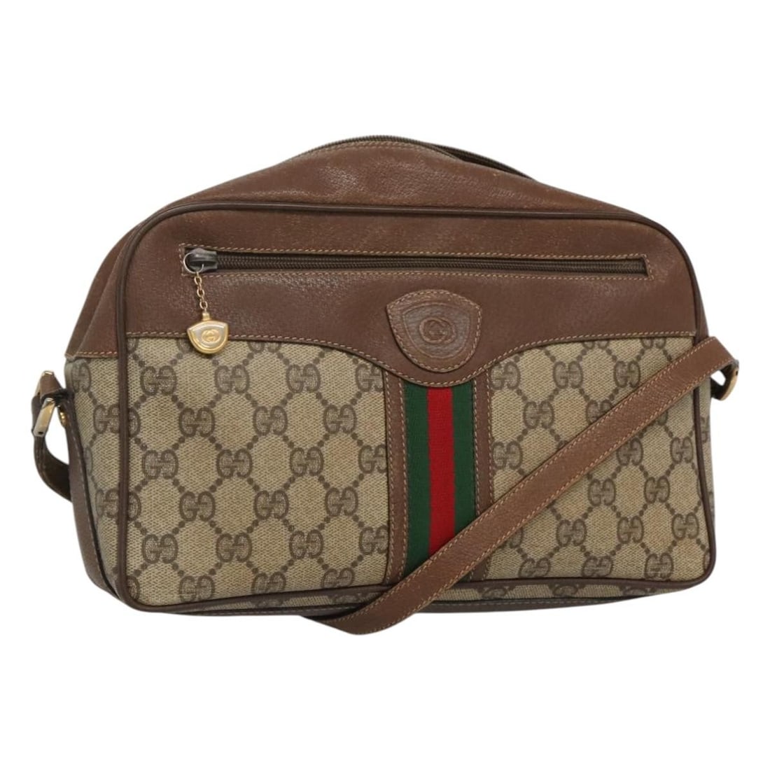 Gucci 001 56 0860 GG Supreme Sherry Web PVC Shoulder Bag: Gucci 001 56 0860 GG Supreme Sherry Web PVC Shoulder Bag Vintage Gucci GG Supreme Web Sherry Line shoulder bag in beige and gold PVC leather with GG canvas. Made in Italy, this women's bag features an