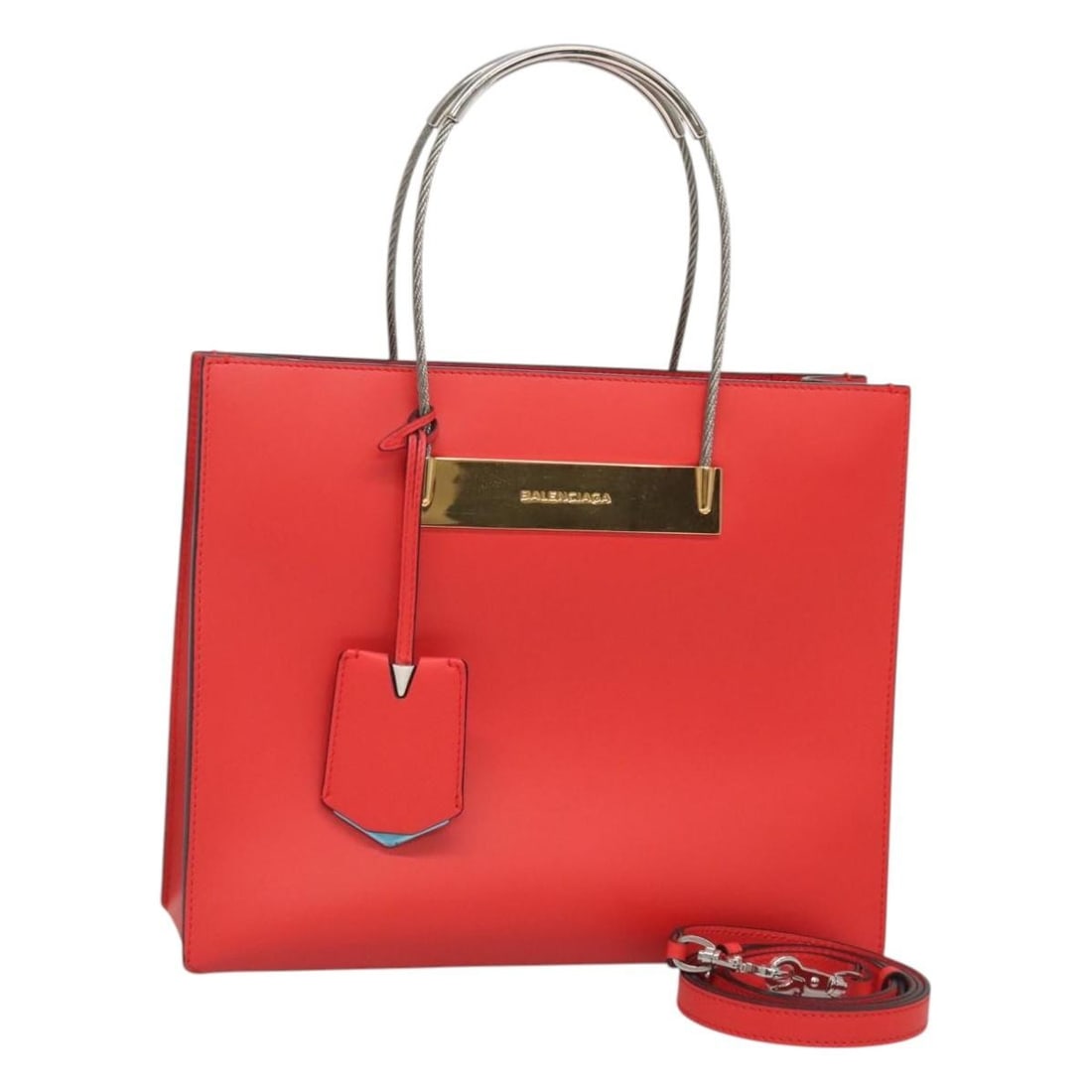 Balenciaga 371177 Cable Shopper S Leather 2way Handbag Red Silver (1 of 18)
