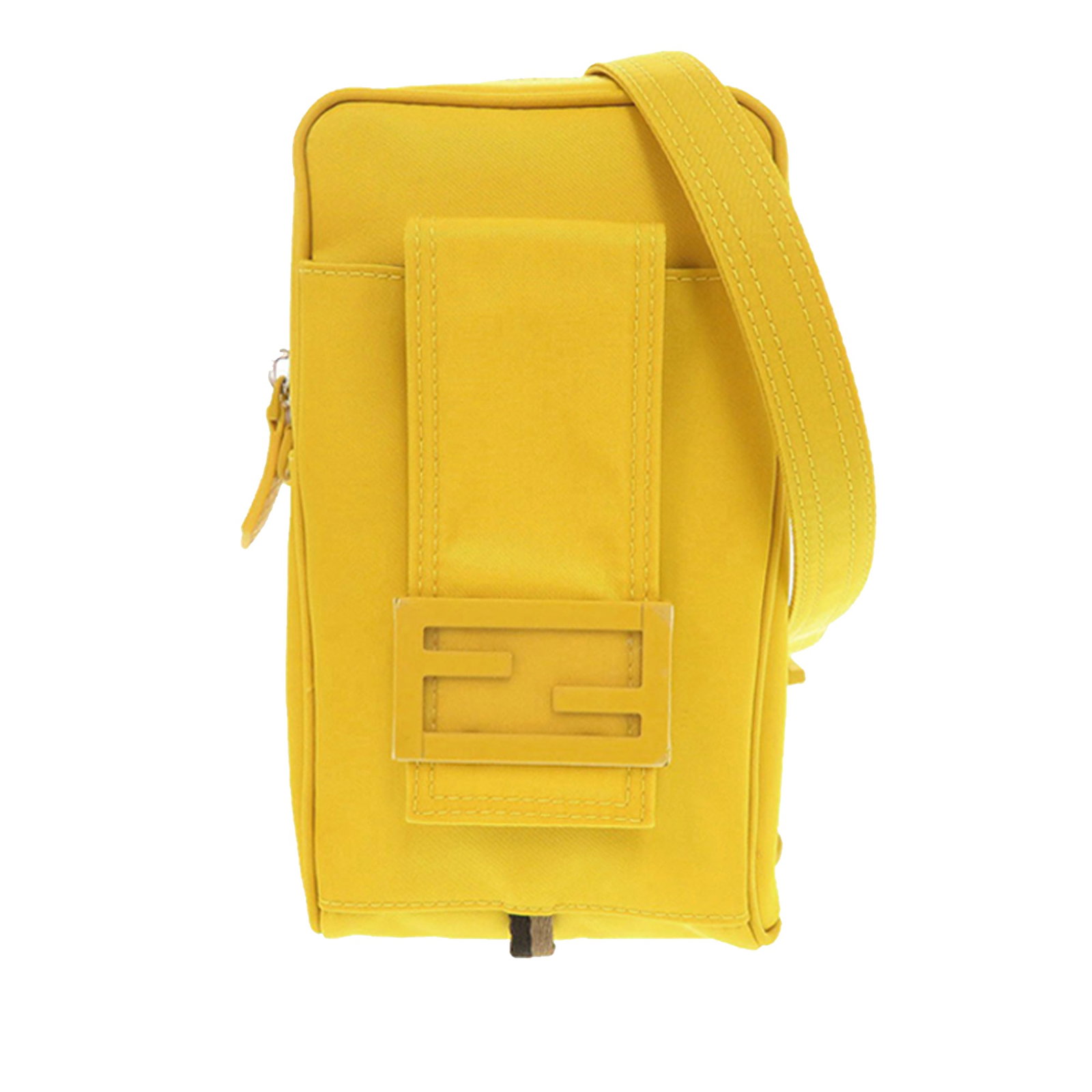 Fendi Nylon Baguette Phone Crossbody Bag Yellow Fabric: Fendi Nylon Baguette Phone Crossbody Bag Yellow Fabric Fendi Nylon Baguette Phone Crossbody in yellow fabric with a flat shoulder strap, top zip closure, and exterior flap pocket. Made in Italy. Condi