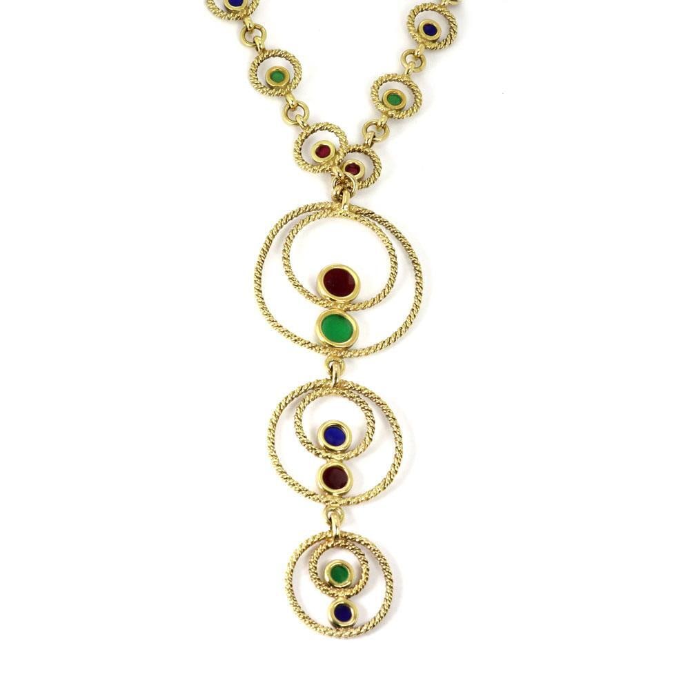 Vintage 18k Yellow Gold Multicolor Enamel Lariat Necklace: Vintage 18k Yellow Gold Multicolor Enamel Lariat Necklace This stunning vintage lariat necklace is made from luxurious 18k yellow gold. It features a unique pendant with three sets of double twisted w