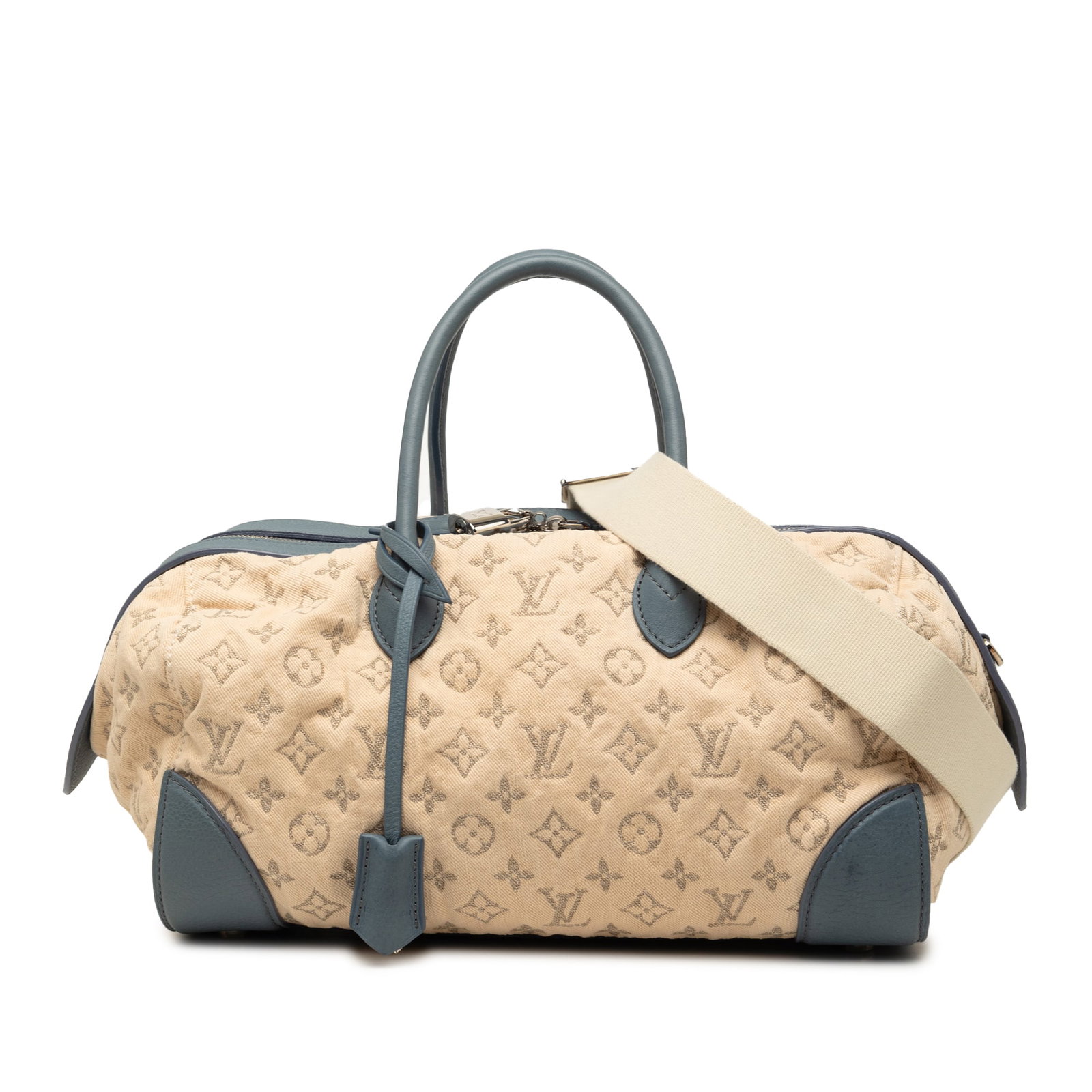 Louis Vuitton Speedy Round GM Monogram Denim Shoulder Bag: Louis Vuitton Speedy Round GM Monogram Denim Shoulder Bag Louis Vuitton Monogram Denim Speedy Round GM bag crafted with a monogram denim body and leather trim. It features rolled leather handles, a de