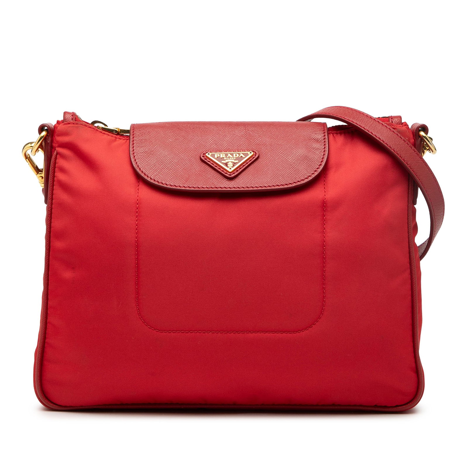 Red Prada Tessuto Nylon Crossbody Bag with Saffiano Leather Accents: Red Prada Tessuto Nylon Crossbody Bag with Saffiano Leather Accents This Prada Saffiano Trimmed Tessuto Crossbody bag features a red nylon body with saffiano leather trim, an adjustable flat leather s