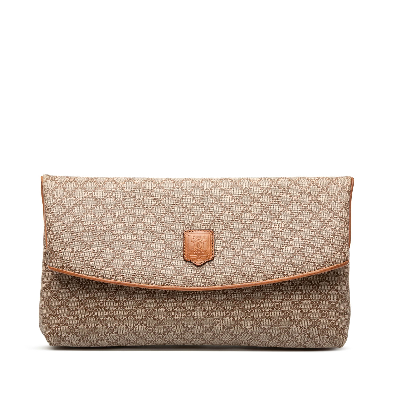 Celine Macadam beige coated canvas fold-over clutch: Celine Macadam beige coated canvas fold-over clutch This Celine Macadam clutch features a beige coated canvas body with leather trim and a fold-over top secured by a magnetic snap button closure. The 