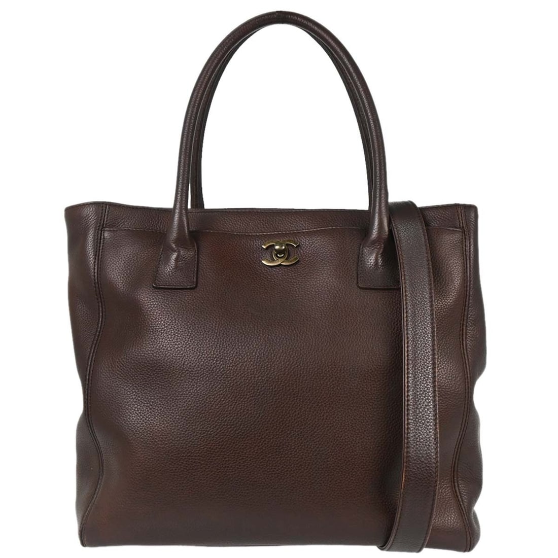 CHANEL Executive Cerf Brown Calfskin 2 Way Tote Handbag: CHANEL Executive Cerf Brown Calfskin 2 Way Tote Handbag Chanel Executive Cerf tote bag in brown calfskin with a structured medium-size silhouette and 2-way carry design. It features double handles, a 