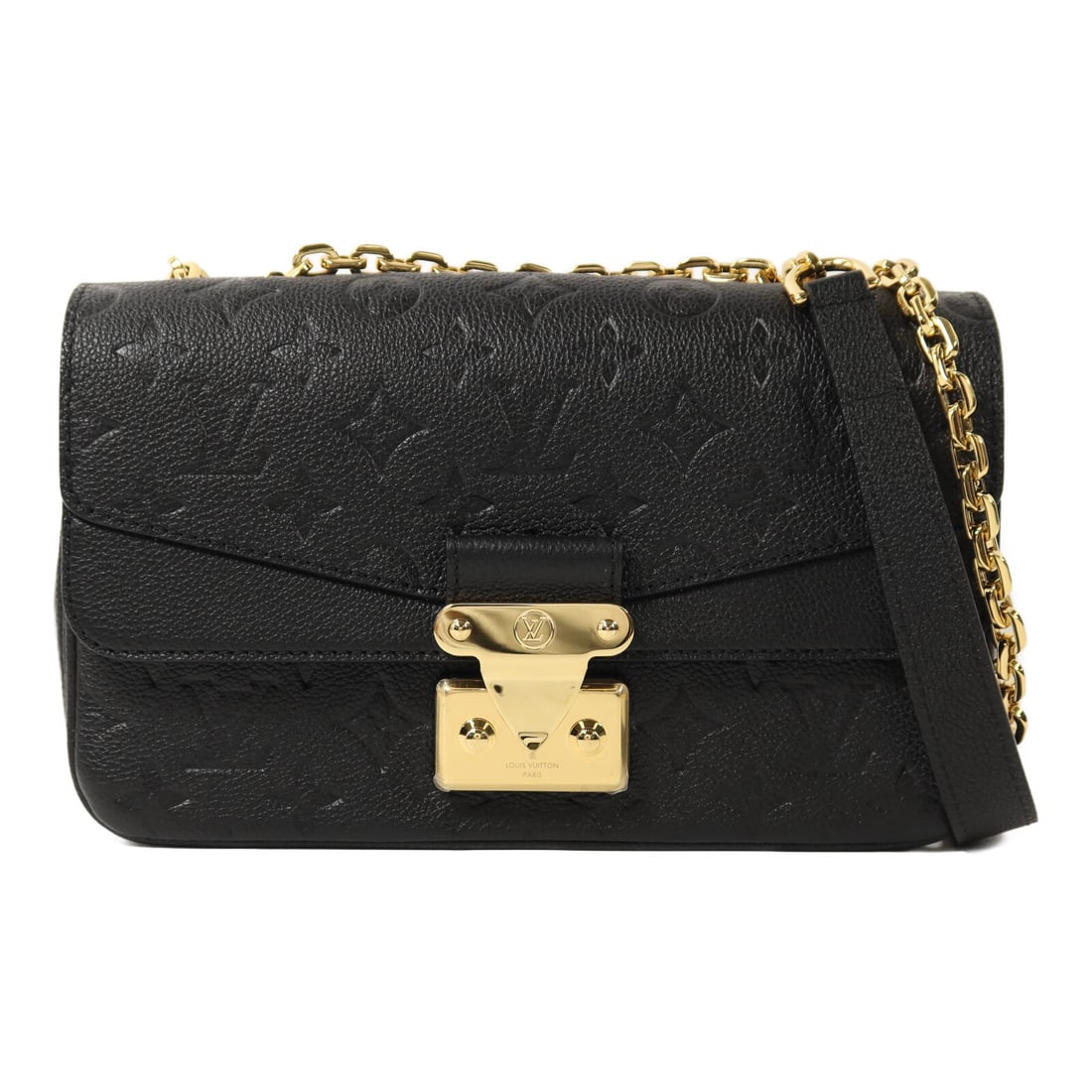 Louis Vuitton Marceau Shoulder Bag Black Calfskin with Gold Tone Chain: Louis Vuitton Marceau Shoulder Bag Black Calfskin with Gold Tone Chain This Louis Vuitton Marceau Chain Shoulder Bag features the iconic Monogram Empreinte pattern in black calfskin leather. The bag i