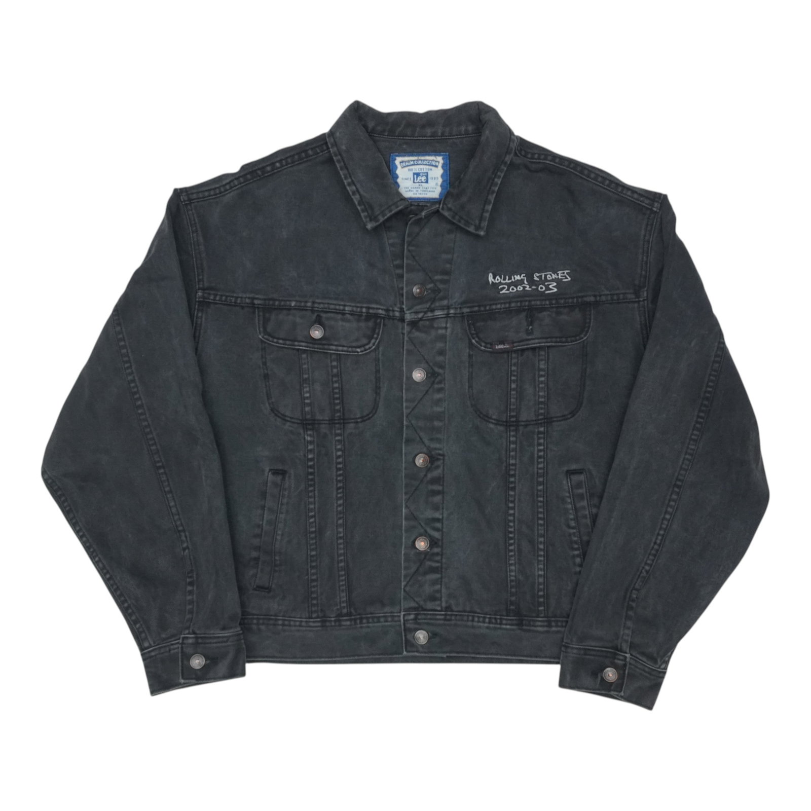 Vintage 2002 Black Denim Jacket Rolling Stones World Tour XL: Vintage 2002 Black Denim Jacket Rolling Stones World Tour XL This original vintage 2002 Rolling Stones World Tour Denim Jacket features front and back graphics and is crafted from black denim. It is a