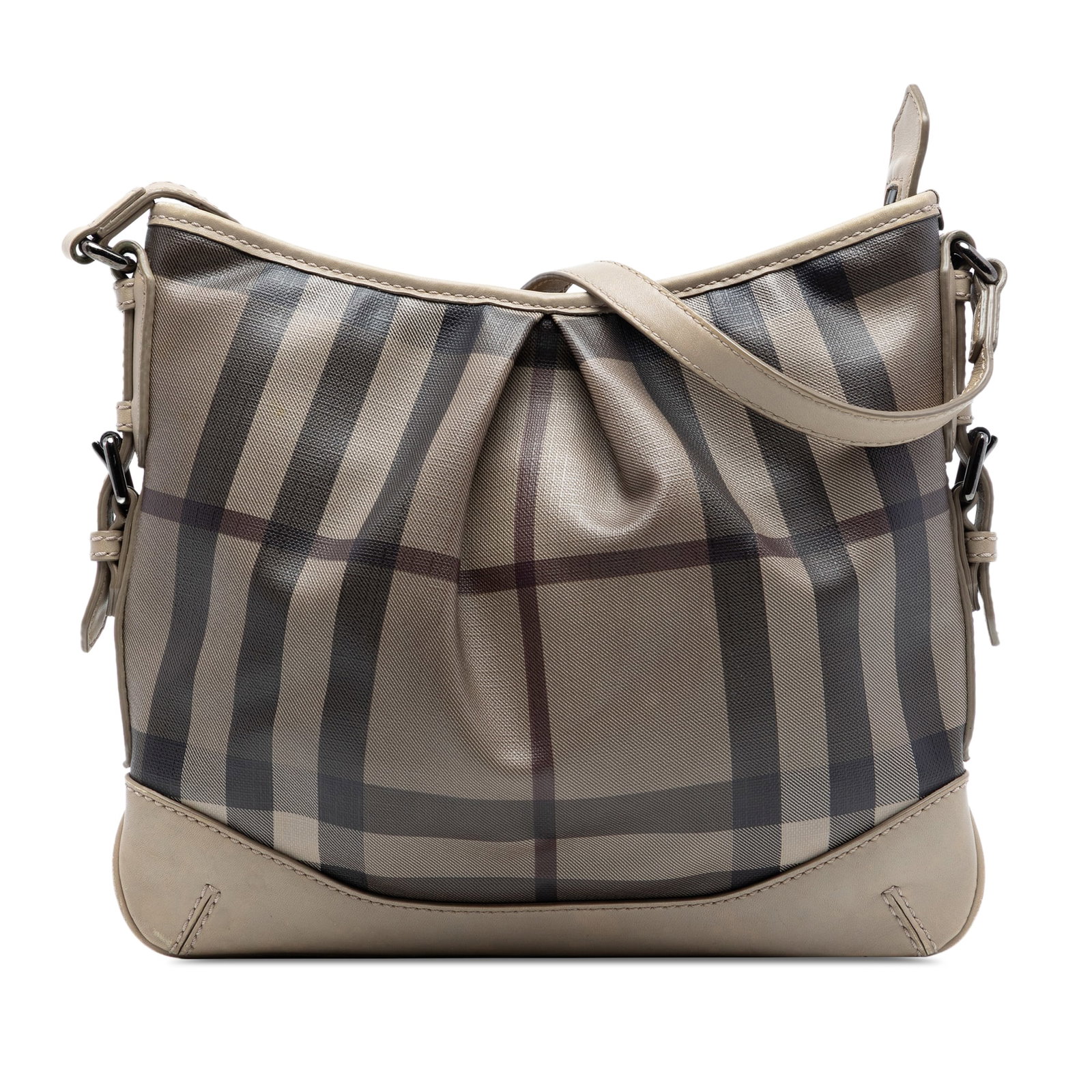 Burberry Hartham Smoke Check Coated Canvas Crossbody Bag: Burberry Hartham Smoke Check Coated Canvas Crossbody Bag This Burberry Smoke Check Hartham Crossbody features a coated canvas body with leather trim, an adjustable flat leather strap, a top zip closur