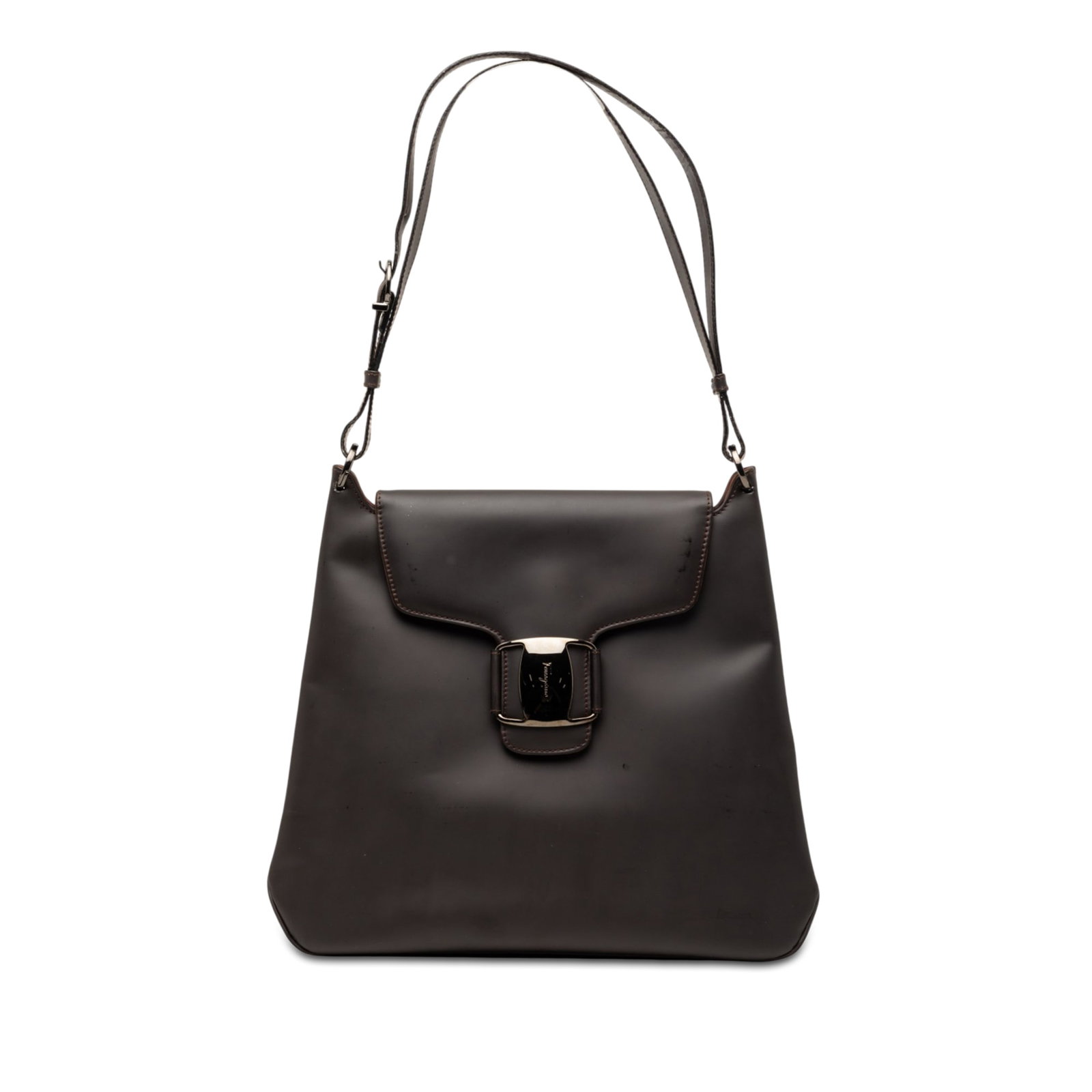 Ferragamo Vara Bow Buckle Leather Shoulder Bag Brown: Ferragamo Vara Bow Buckle Leather Shoulder Bag Brown Ferragamo shoulder bag in brown leather with an adjustable flat strap, top flap slip-through strap closure, and an interior zip pocket. Made in Ita