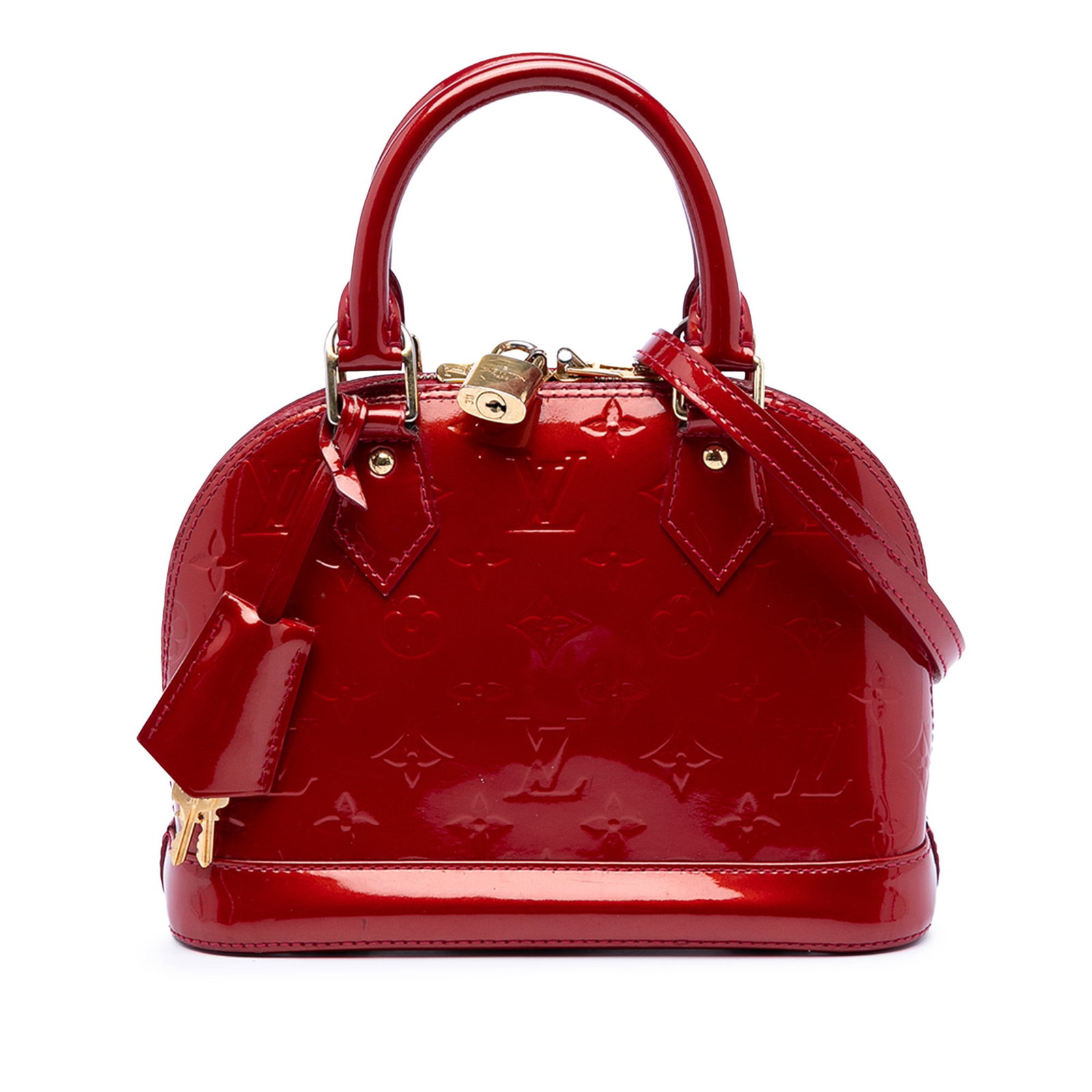 Louis Vuitton Alma BB Vernis Red Leather Bag: Louis Vuitton Alma BB Vernis Red Leather Bag This Louis Vuitton Monogram Vernis Alma BB features a glossy monogram vernis leather body in red, complemented by rolled leather handles and a detachable f