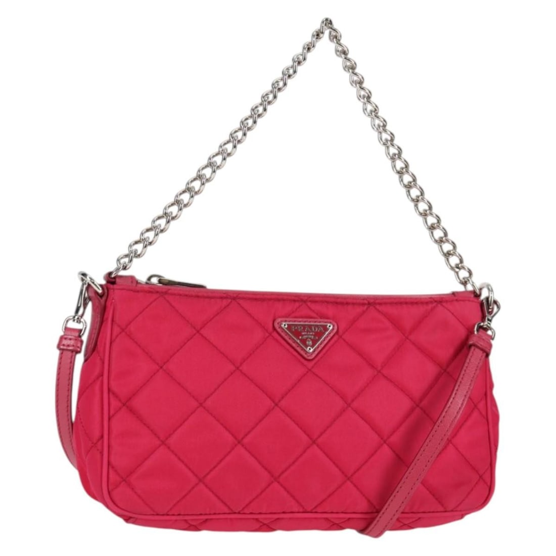 PRADA Nylon 2way Chain Handbag Pink Silver with Strap: PRADA Nylon 2way Chain Handbag Pink Silver with Strap Prada 2-way chain handbag in pink nylon with silver-tone accents. Made in Italy, this women's handbag includes a dust bag and shoulder strap. Cond