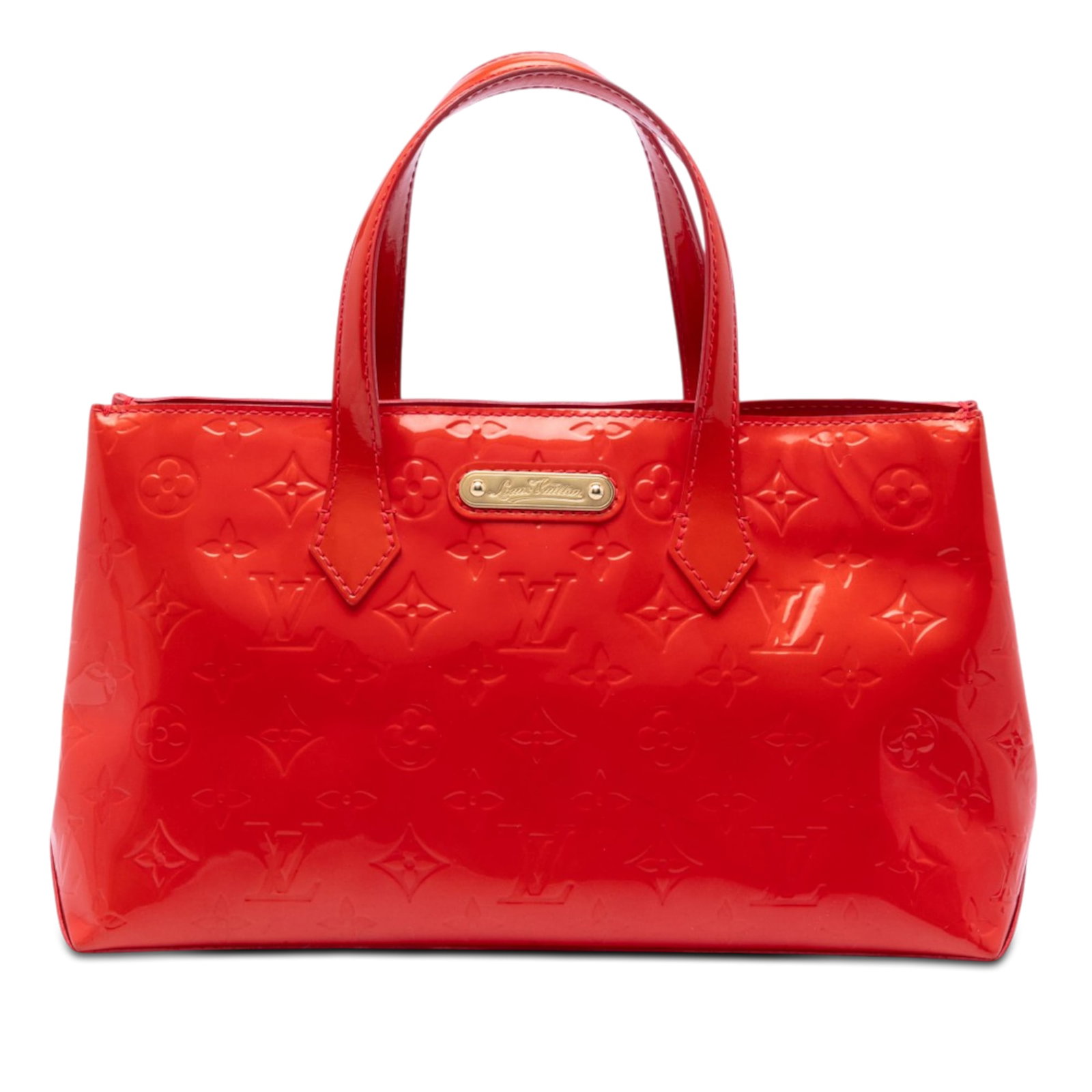 Louis Vuitton Wilshire PM Monogram Vernis Leather Handbag: Louis Vuitton Wilshire PM Monogram Vernis Leather Handbag Louis Vuitton Wilshire PM in red Monogram Vernis leather. This handbag features flat leather handles, an open top with a lobster clasp closure