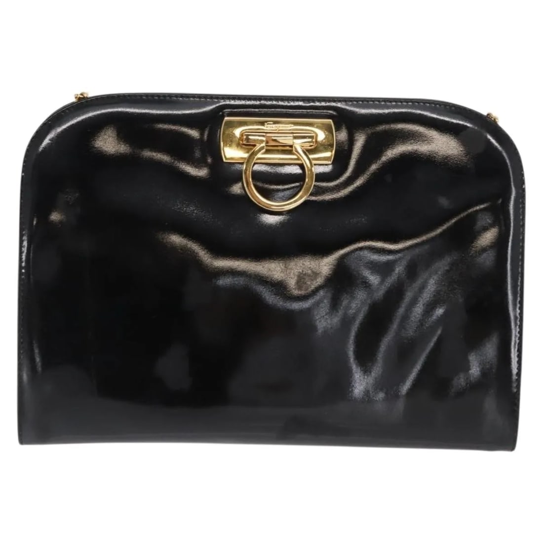 Salvatore Ferragamo Vintage Gancini Chain Shoulder Bag Patent Leather: Salvatore Ferragamo Vintage Gancini Chain Shoulder Bag Patent Leather This Salvatore Ferragamo Vintage Gancini chain shoulder bag is crafted from black patent leather and features metal fittings. The 