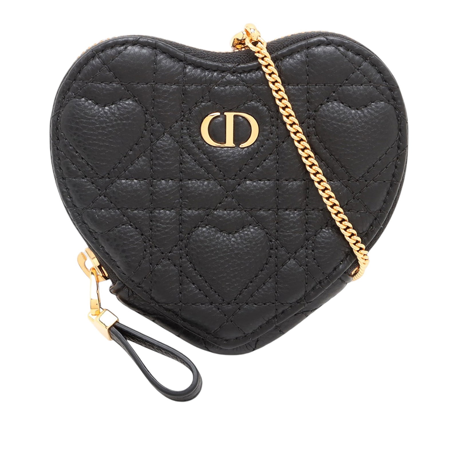 Dior Caro Heart Pouch Crossbody in Black Calfskin: Dior Caro Heart Pouch Crossbody in Black Calfskin This DiorAmour Calfskin Cannage Caro Heart Pouch With Chain is a stylish crossbody bag crafted from quilted leather. It features a gold-tone chain str