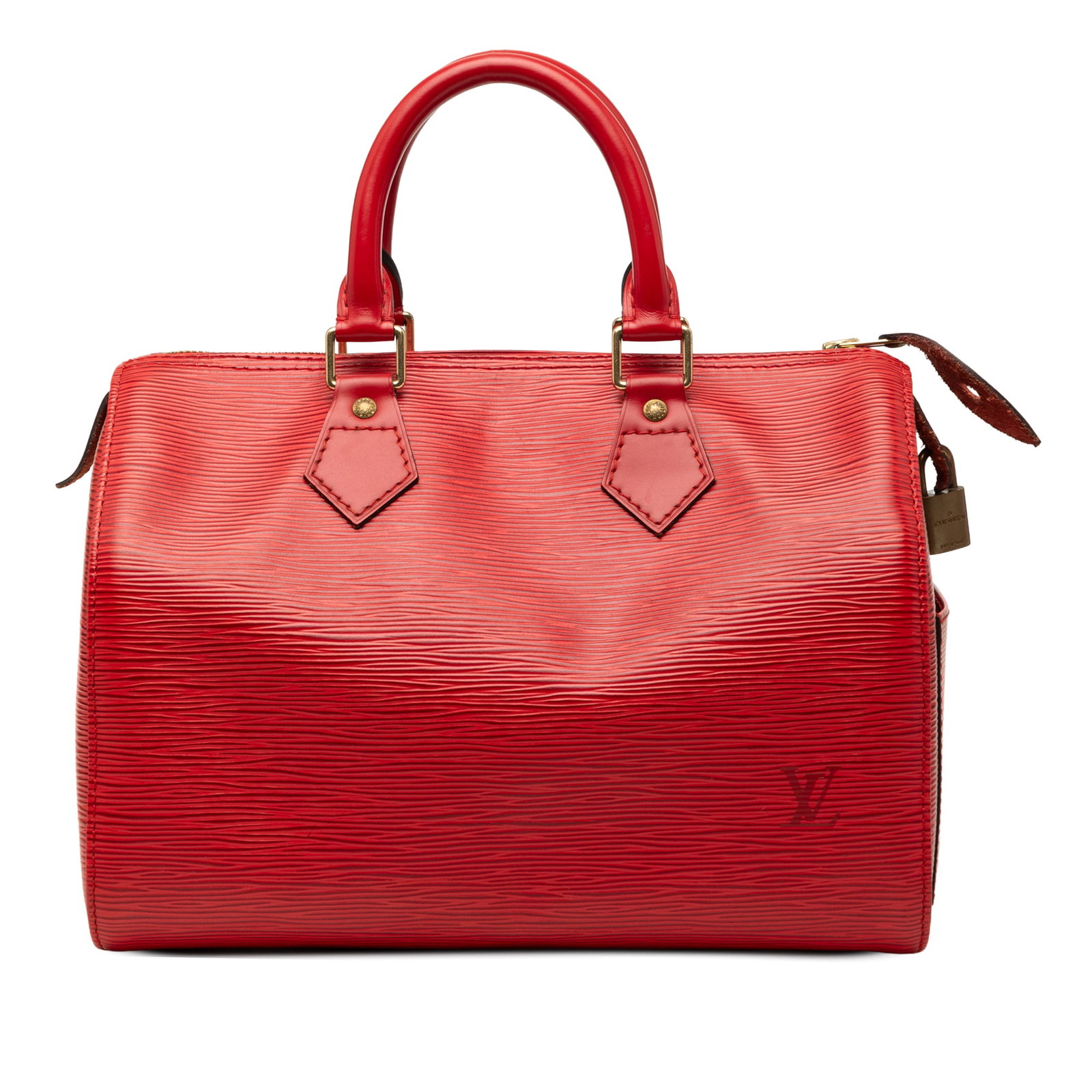 Louis Vuitton Speedy 25 Red Epi Leather Handbag: Louis Vuitton Speedy 25 Red Epi Leather Handbag Louis Vuitton Epi Speedy 25 handbag in red Epi leather with rolled leather handles, a top zip closure, an exterior side slip pocket, and an interior sli