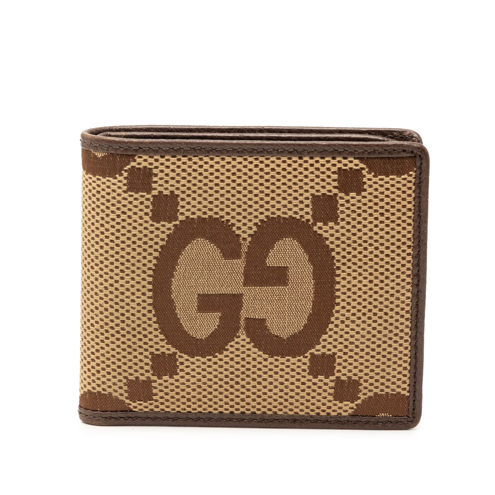 Gucci Jumbo GG bifold wallet with leather trim: Gucci Jumbo GG bifold wallet with leather trim This Gucci Jumbo GG Canvas Bifold Small Wallet features a beige canvas body with leather trim. The wallet is designed with a bifold structure and include