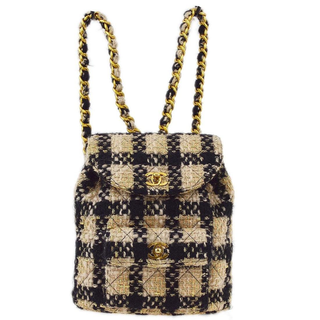 Chanel Duma Large Beige Tweed Backpack France: Chanel Duma Large Beige Tweed Backpack France Large Chanel Duma backpack in beige tweed with black and gold accents. This women's backpack features a matelasse quilted design, flap turnlock and drawst