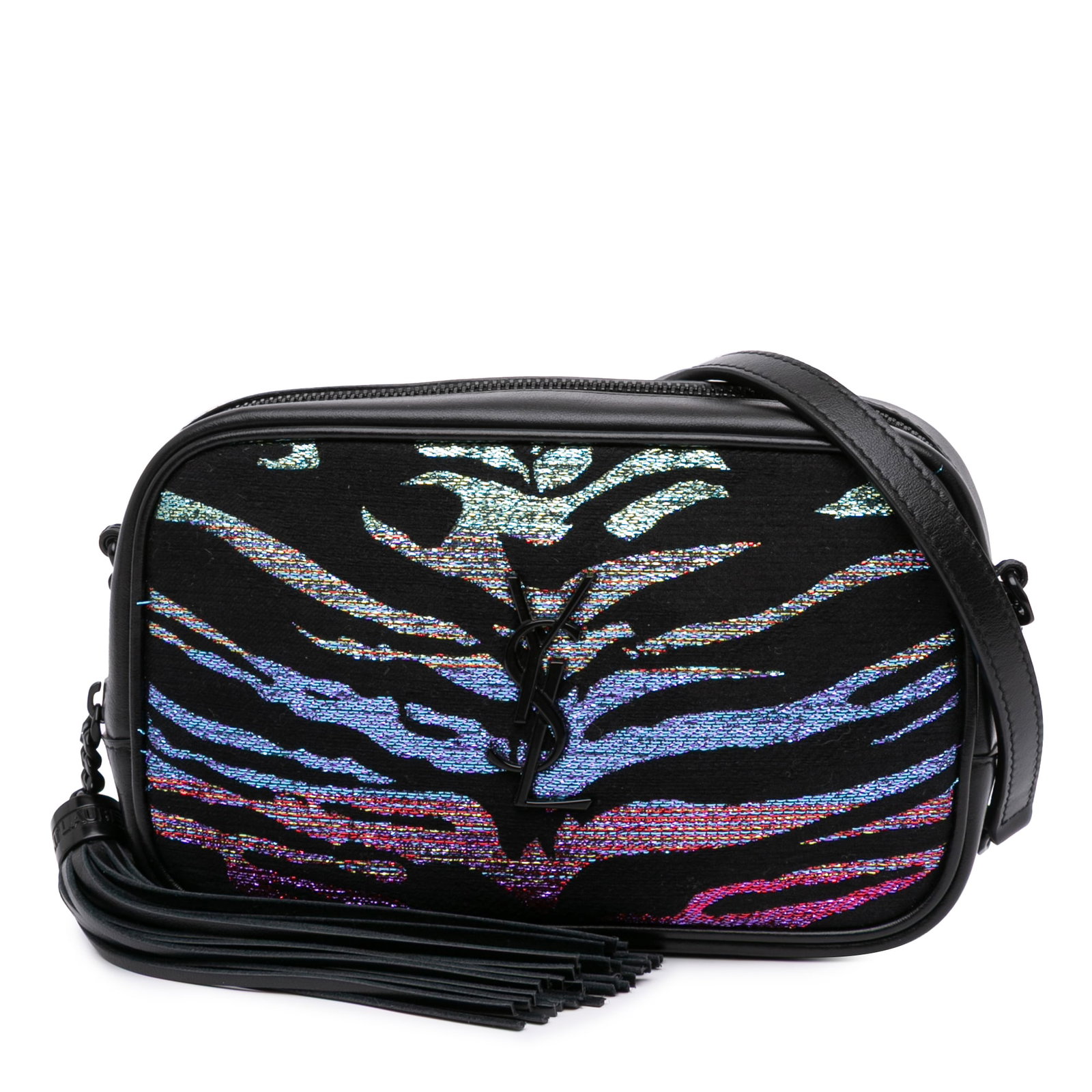 Saint Laurent Monogram Lou Camera Bag Metallic Tiger Print Black: Saint Laurent Monogram Lou Camera Bag Metallic Tiger Print Black The Saint Laurent Canvas Metallic Tiger Print Monogram Lou Camera Bag is an eye-catching accessory that combines style and practicality