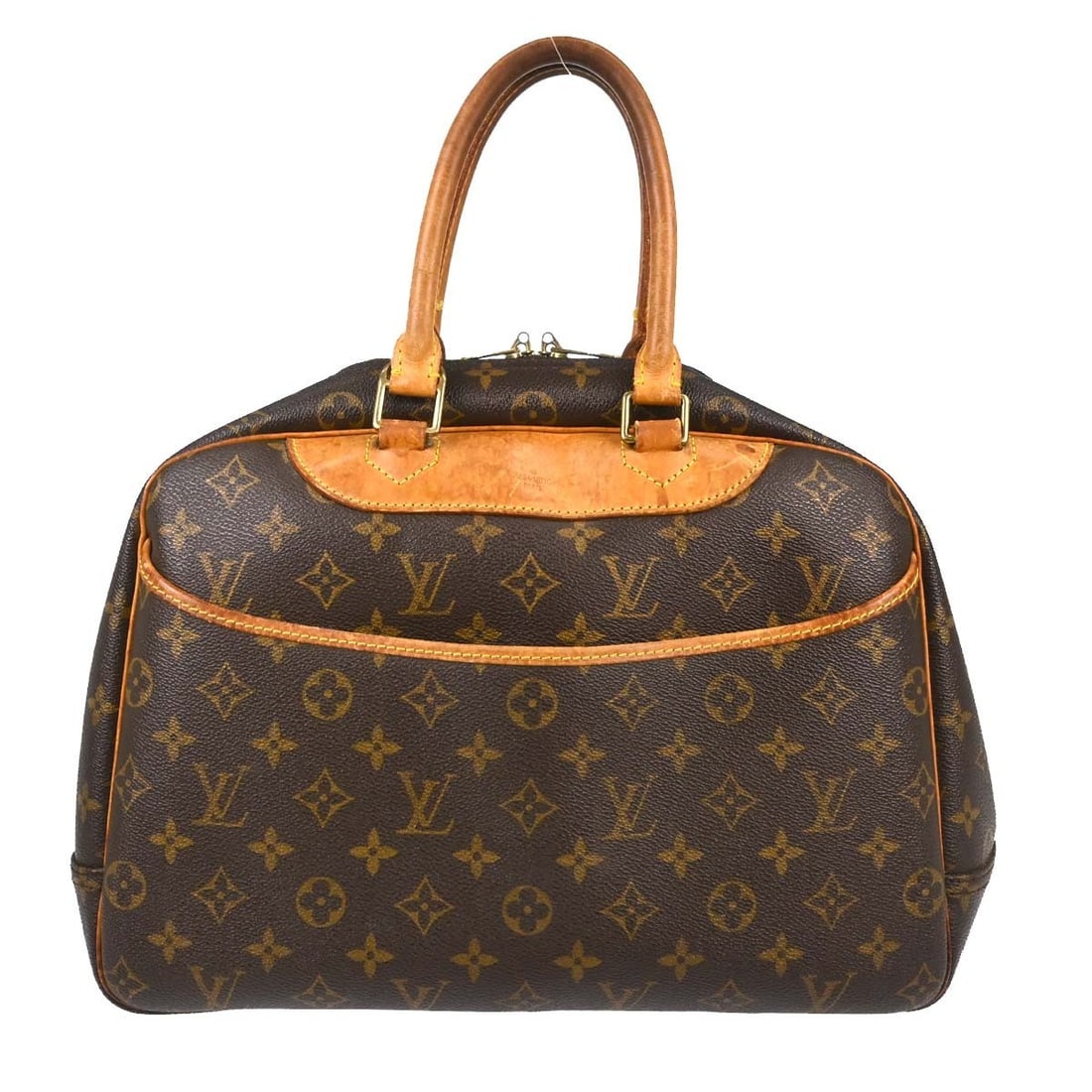 Louis Vuitton Deauville Monogram Canvas Vanity Handbag M47270: Louis Vuitton Deauville Monogram Canvas Vanity Handbag M47270 Vintage Louis Vuitton Deauville bowling vanity handbag in brown monogram canvas with leather trim and double leather handles. This medium 