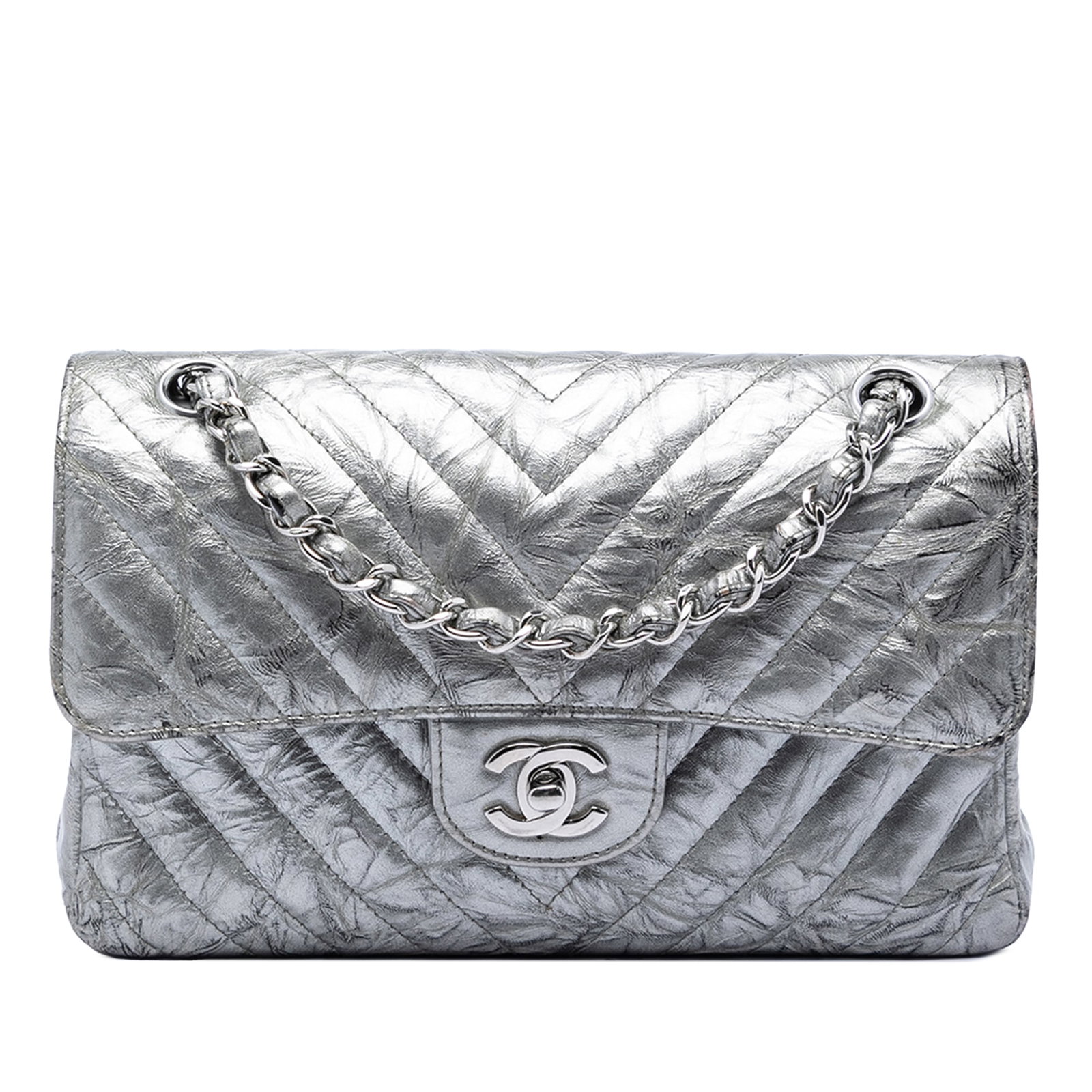 Chanel Metallic Chevron Calfskin Double Flap Shoulder Bag Small Classic: Chanel Metallic Chevron Calfskin Double Flap Shoulder Bag Small Classic This Chanel Small Classic Chevron Metallic Crumpled Calfskin Double Flap shoulder bag features a chevron-quilted metallic calf l