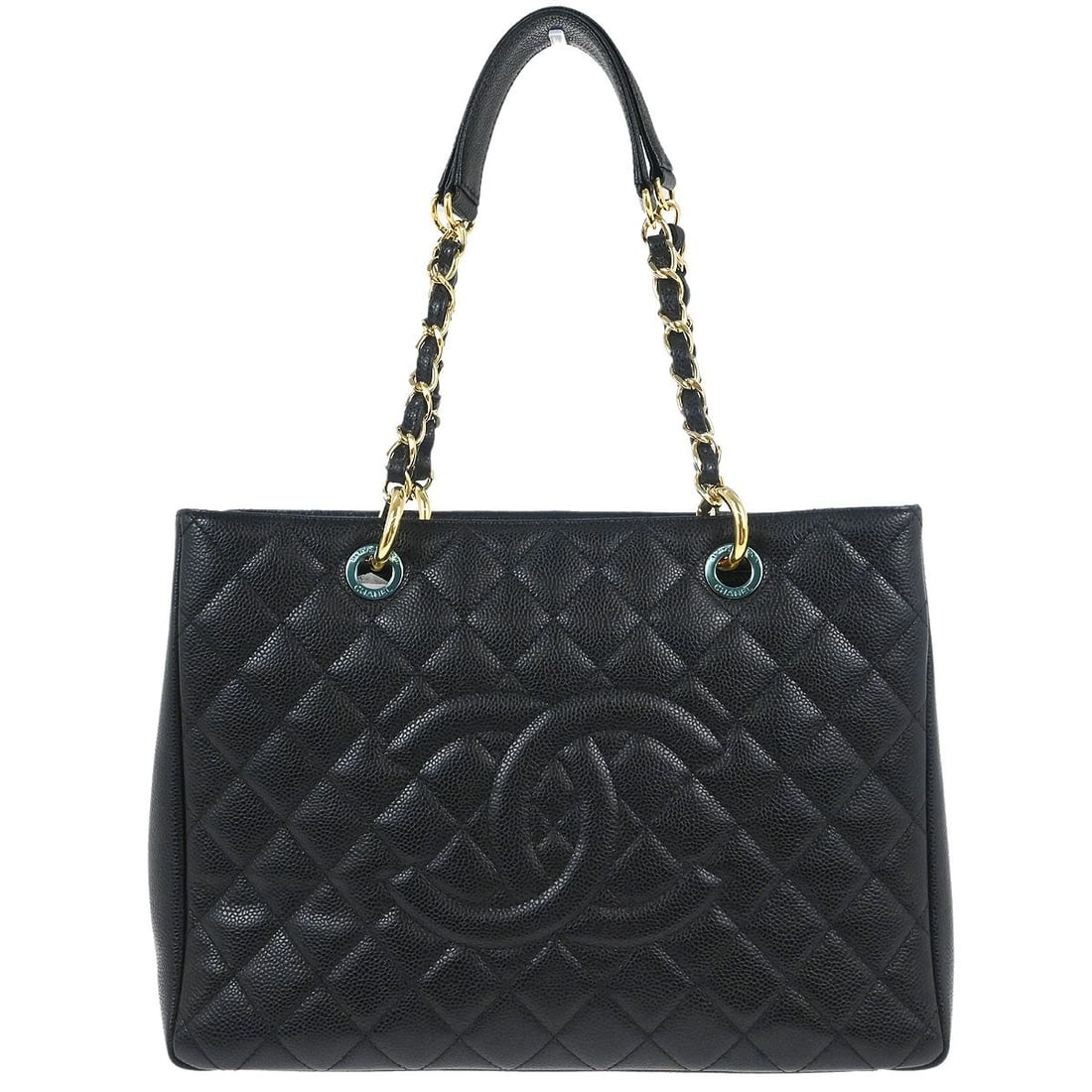 CHANEL GST Grand Shopping Tote Black Leather Chain Handle Bag: CHANEL GST Grand Shopping Tote Black Leather Chain Handle Bag Chanel Grand Shopping Tote GST chain handbag in black caviar skin leather with double handles and logo accents. This large tote features a