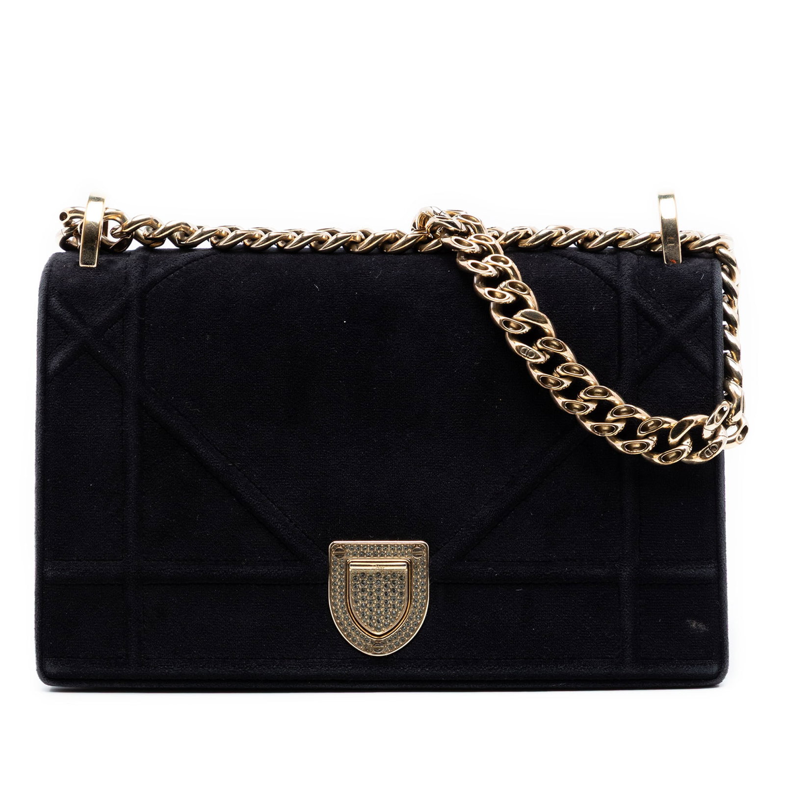 Dior Black Velvet Chain Strap Flap Bag: Dior Black Velvet Chain Strap Flap Bag This Dior Small Velvet Diorama Flap bag features a luxurious black velvet body with a crystal-embellished push lock closure on the front flap. It is designed wit