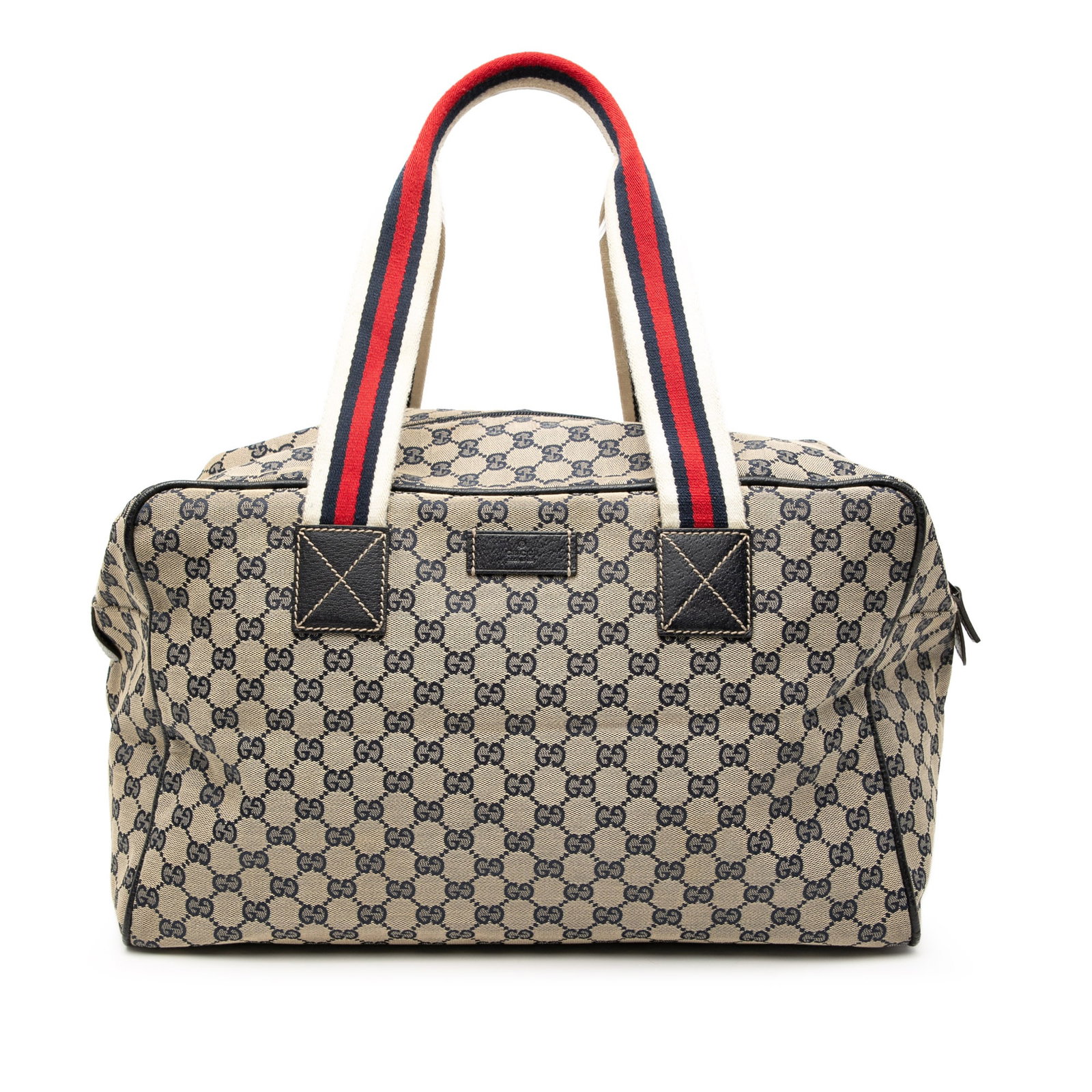 Brown Canvas Travel Bag with Web Detail by Gucci GG: Brown Canvas Travel Bag with Web Detail by Gucci GG This Gucci GG Canvas Web Travel Bag features a durable canvas body with leather trim, flat canvas straps, a top zip closure, and an interior zip poc