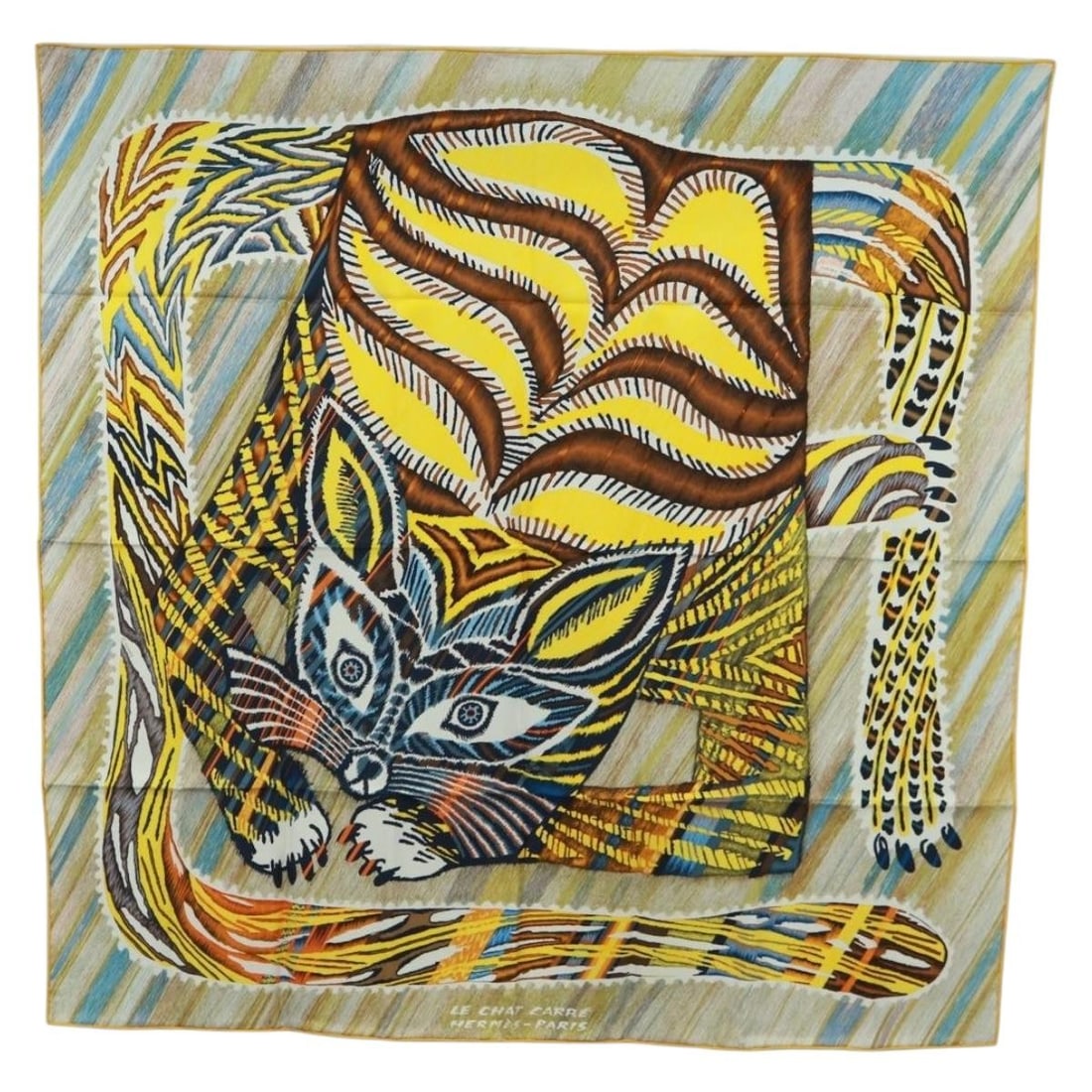 Hermes Le Chat Carre 90 Beige Silk Scarf (1 of 16)