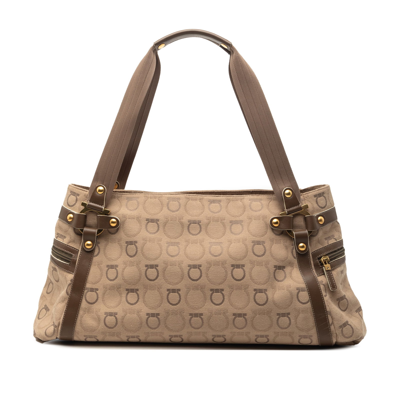 Ferragamo Gancini Canvas Brown Shoulder Bag: Ferragamo Gancini Canvas Brown Shoulder Bag This Ferragamo Gancini Canvas Shoulder Bag features a canvas body with leather trim, flat shoulder straps, a top zip closure, exterior side zip pockets, and
