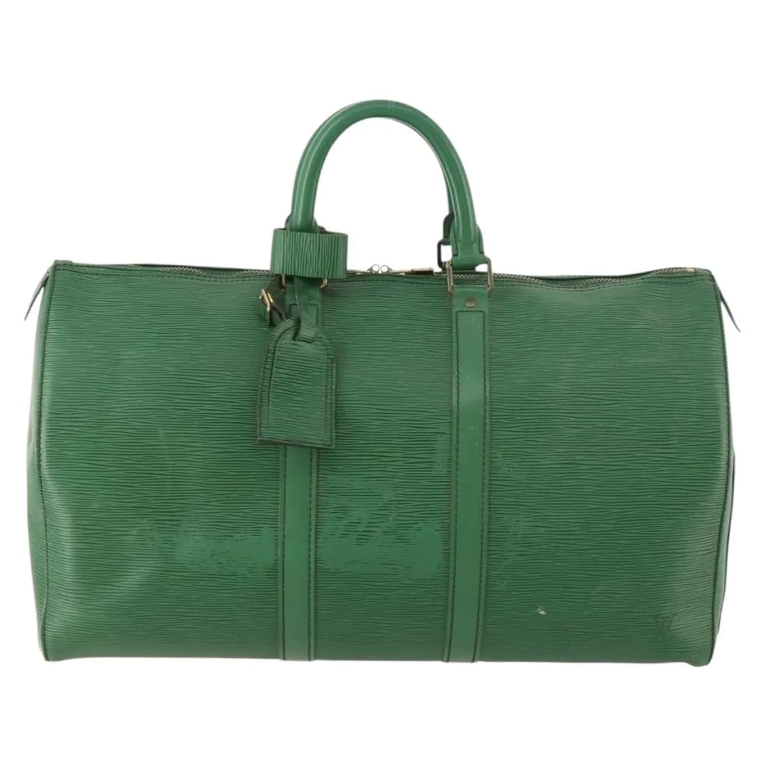 Green Epi Leather Keepall Travel Bag by Louis Vuitton France: Green Epi Leather Keepall Travel Bag by Louis Vuitton France The Louis Vuitton Keepall Bag in green Epi leather offers a stylish and practical travel option for both men and women. Crafted in France, 