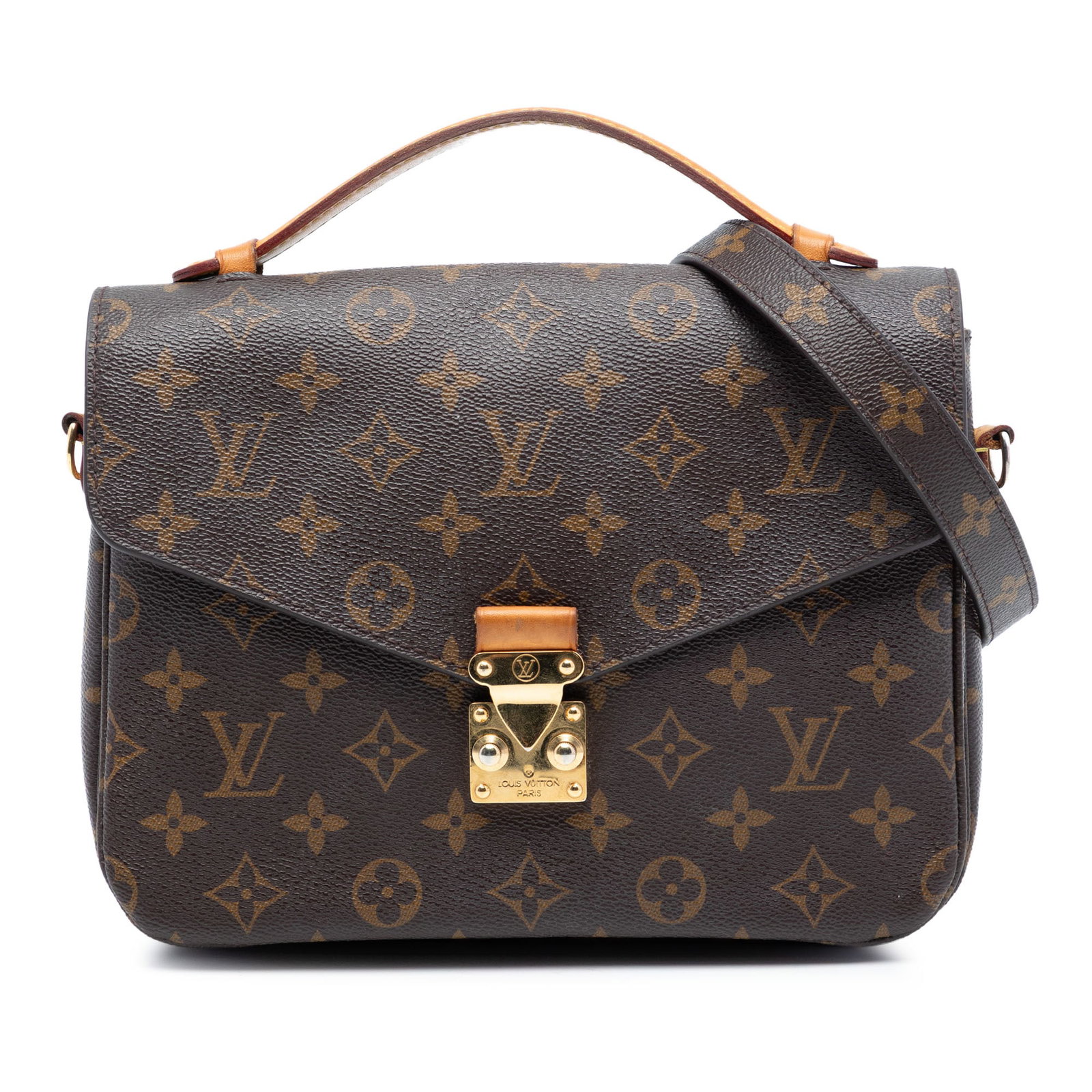 Louis Vuitton Pochette Metis Handbag with Monogram Canvas and Leather Handle: Louis Vuitton Pochette Metis Handbag with Monogram Canvas and Leather Handle The Louis Vuitton Monogram Pochette Metis is crafted from signature monogram canvas and features a flat vachetta leather to