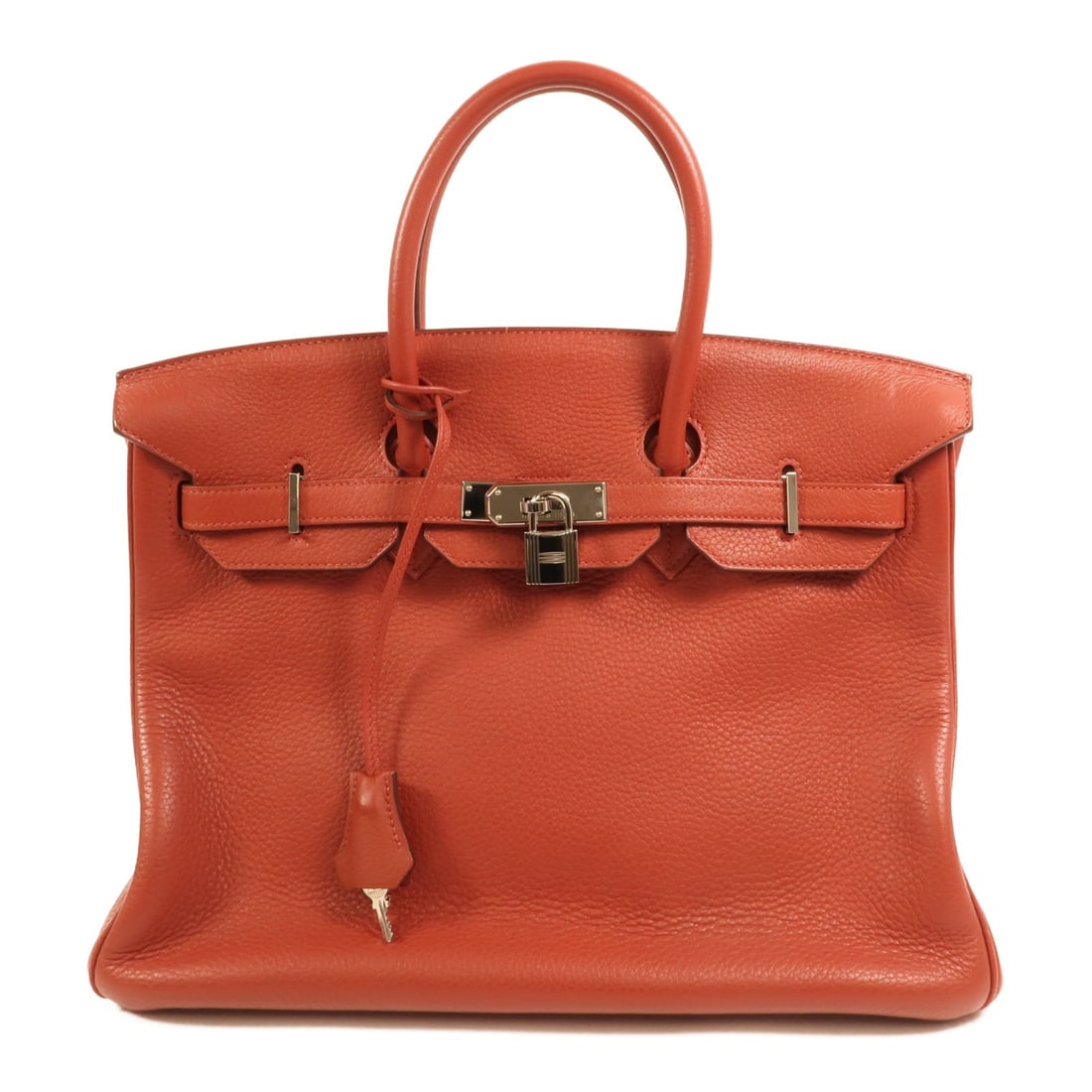 Hermes Birkin 35 Togo Leather Orange Handbag Palladium Hardware: Hermes Birkin 35 Togo Leather Orange Handbag Palladium Hardware This Hermes Birkin 35 handbag is crafted from Togo calfskin leather in a distinctive orange shade, featuring palladium hardware. Designe