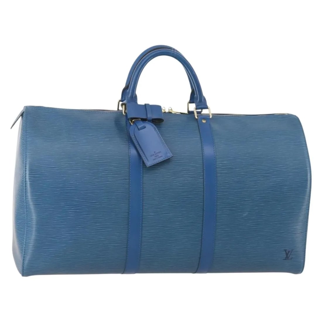 Blue Leather Travel Bag Louis Vuitton Keepall: Blue Leather Travel Bag Louis Vuitton Keepall Louis Vuitton Keepall in blue leather with a unisex design. This travel bag is in good overall condition, showing rubbing and stains on the exterior, rubb