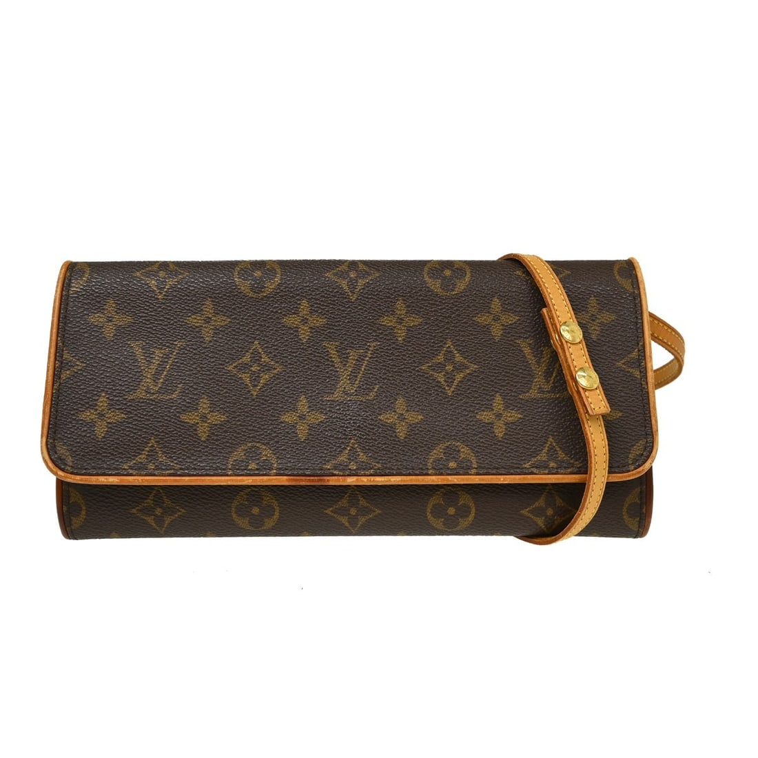 Louis Vuitton Pochette Twin GM Monogram Crossbody Purse M51852: Louis Vuitton Pochette Twin GM Monogram Crossbody Purse M51852 Vintage Louis Vuitton Pochette Twin GM crossbody bag in brown Monogram canvas with leather trim and a magnetic snap closure. This women's