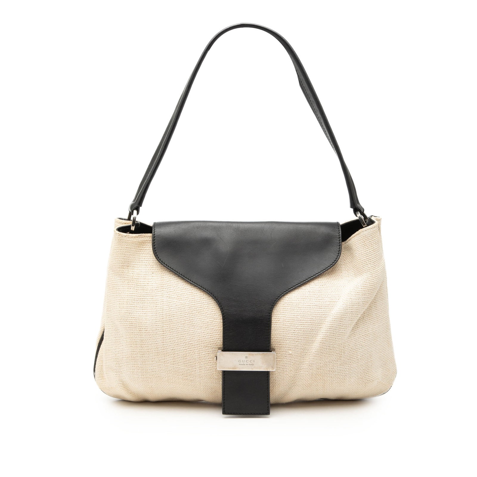 Gucci Canvas Shoulder Bag Brown Fabric With Leather Trim: Gucci Canvas Shoulder Bag Brown Fabric With Leather Trim Gucci canvas shoulder bag with leather trim and a flat leather strap. The design features a front flap with a metal clasp closure and an interi