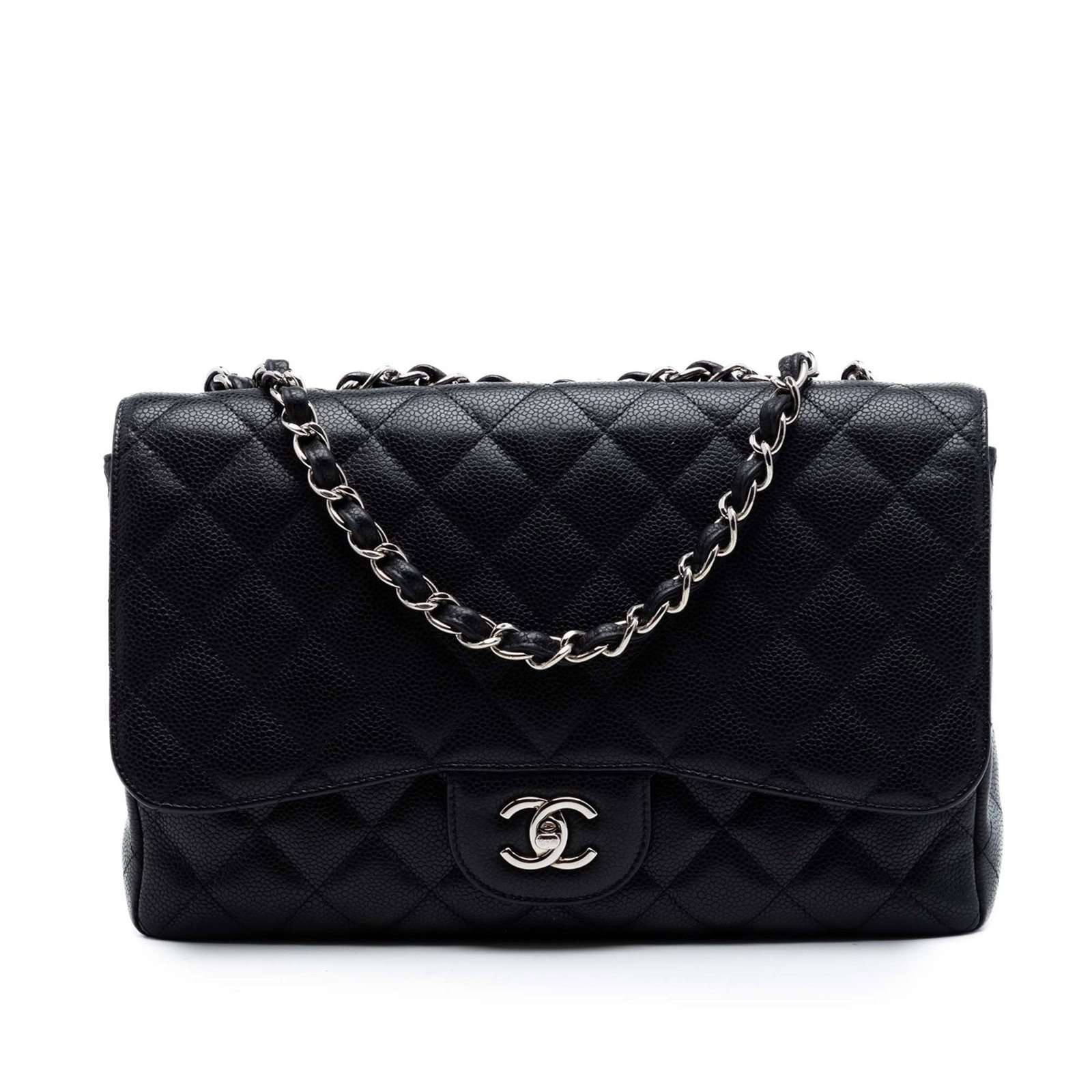 Chanel Caviar Leather Jumbo Flap Bag: Chanel Caviar Leather Jumbo Flap Bag This Chanel Jumbo Classic Caviar Single Flap bag showcases a quilted caviar leather exterior in black, complemented by leather-woven chain shoulder straps. The des