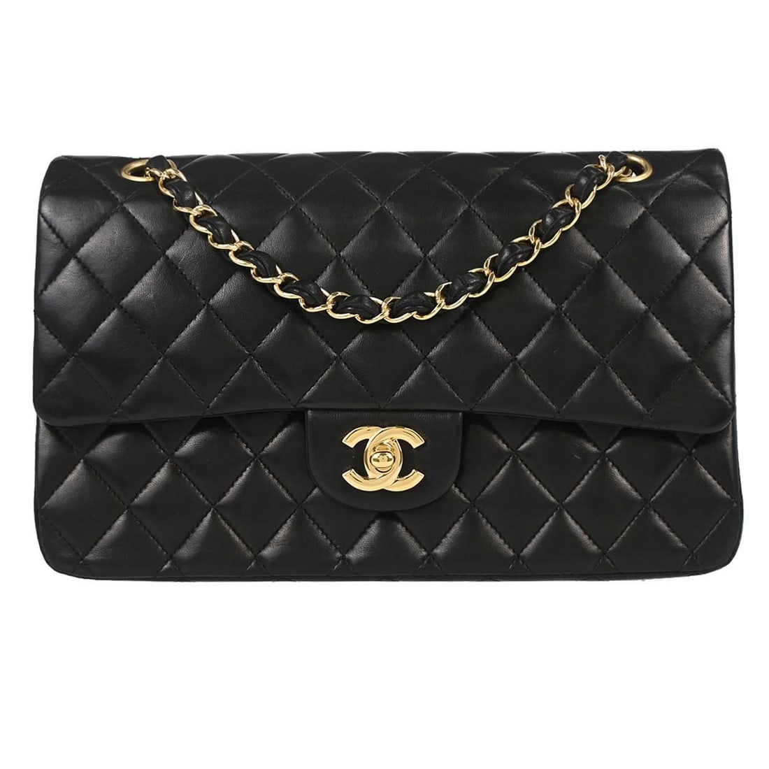 CHANEL Classic Double Flap Medium Shoulder Bag in Black Lambskin: CHANEL Classic Double Flap Medium Shoulder Bag in Black Lambskin Chanel Medium Classic Double Flap shoulder bag in black lambskin leather with a turn-lock closure and shoulder strap. This women's bag 