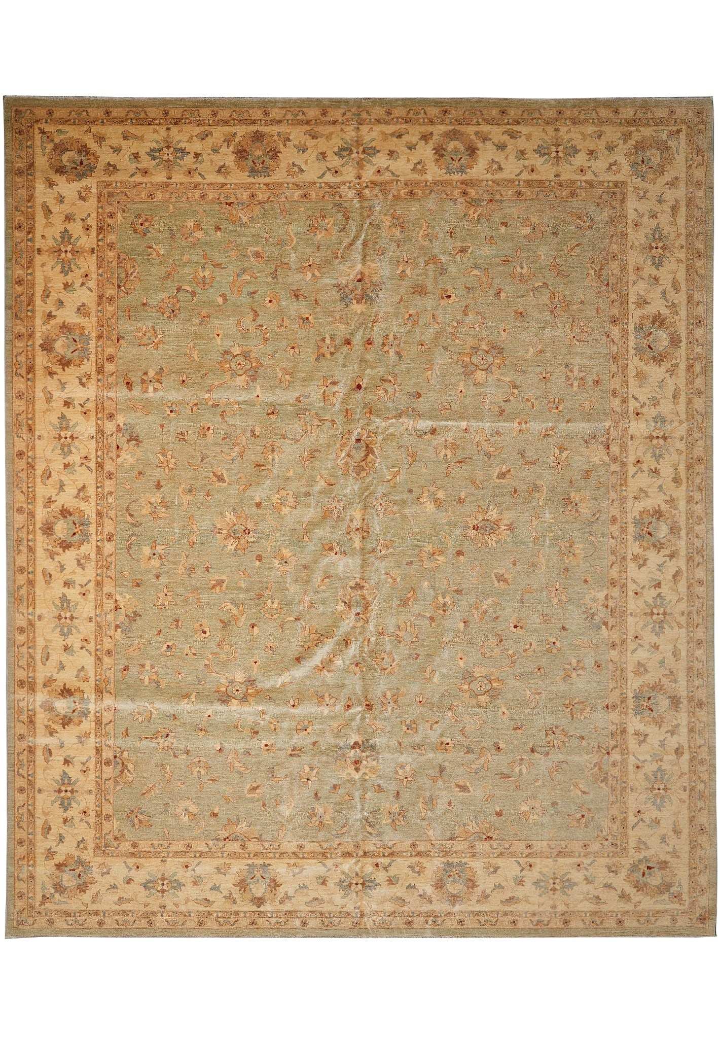 13.11 x 15.9 Light Green Chobi Peshawar Natural Wool Kerman Rug: 13.11 x 15.9 Light Green Chobi Peshawar Natural Wool Kerman Rug Free continental US Shipping This semi-antique Chobi Peshawar quality rug is hand-knotted from high-quality natural wool and showcases c