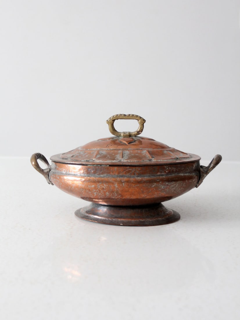 Antique Hammered Copper Oval Serving Dish with Brass Handles (1 of 11)